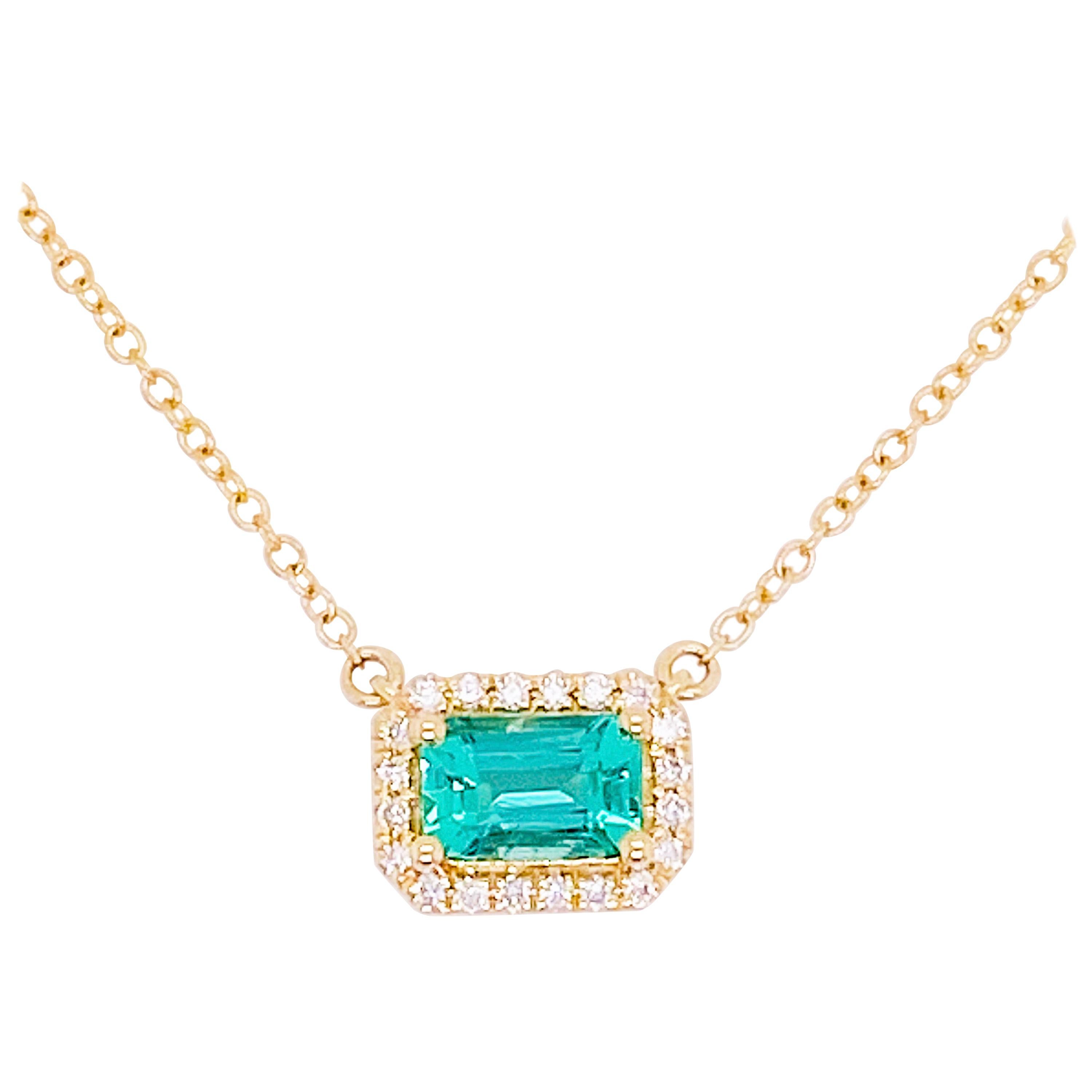 Emerald Diamond Necklace, 14k Gold East West Pendant, Emerald Cut, #NeckMess