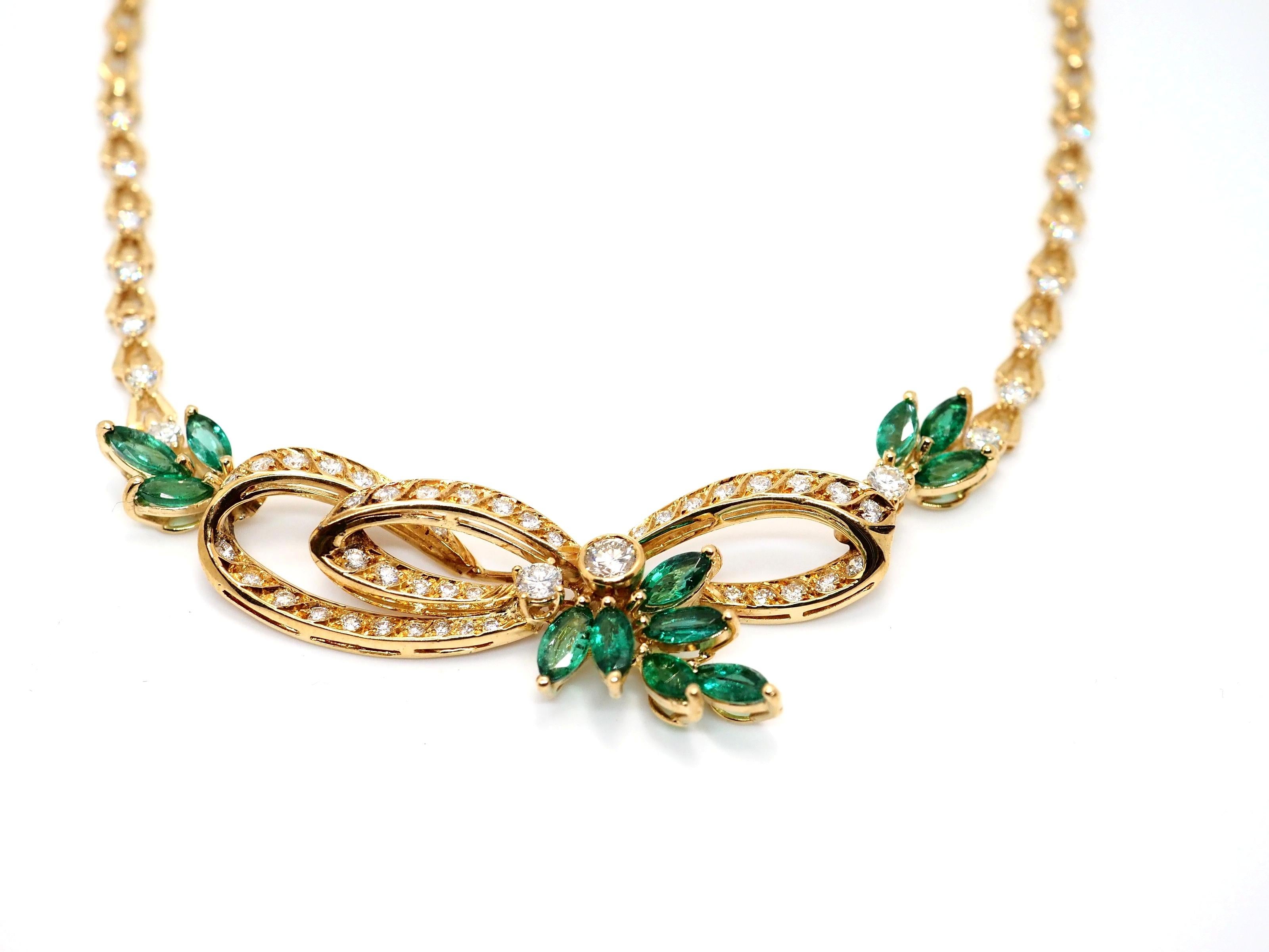 A stunning emerald and diamond necklace in 18k yellow gold. The main body of the necklace features ....... cut natural emeralds. The emeralds have a total weight of approximately ..... ct and display a strong green colour. Necklace also decorated