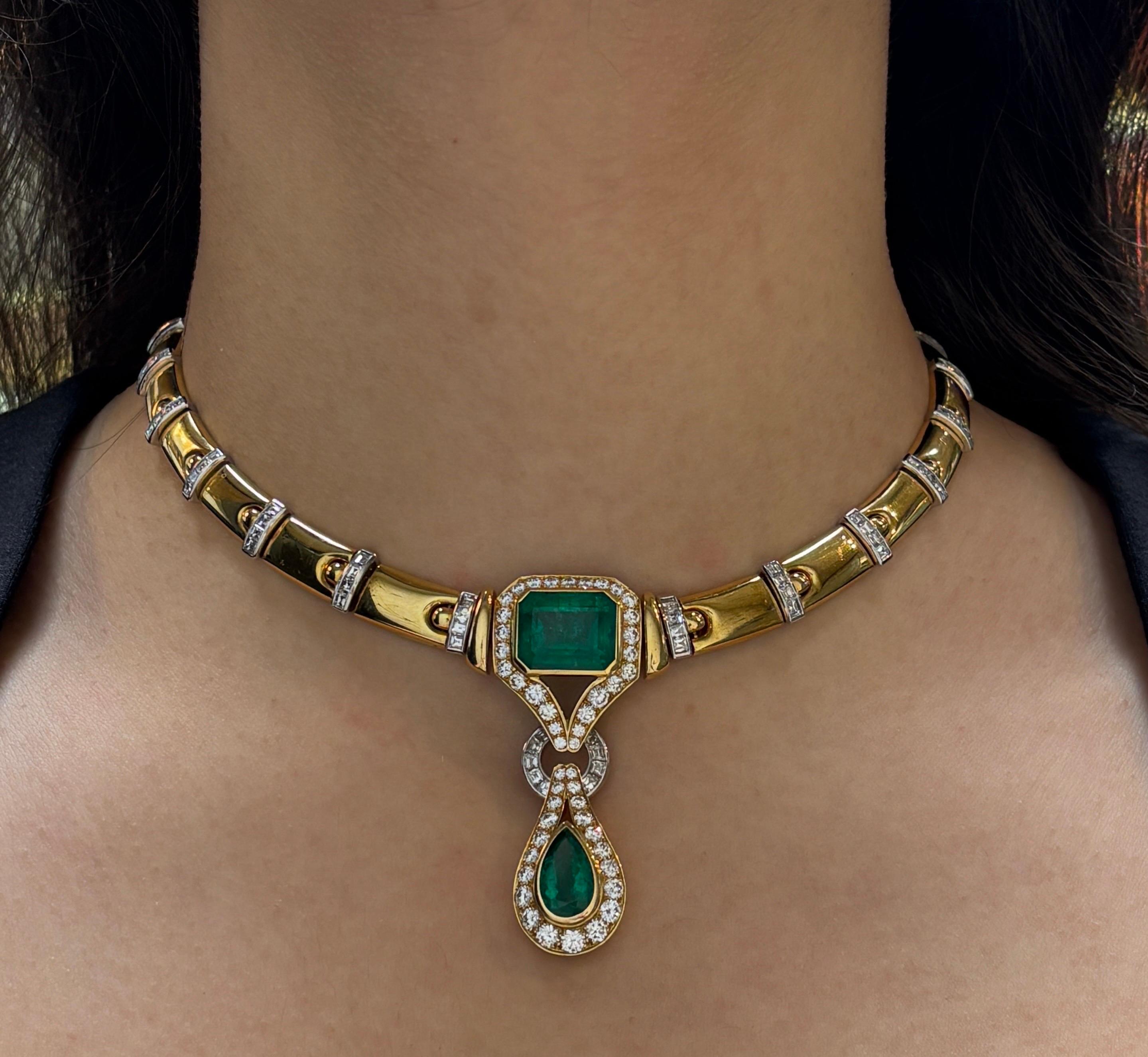 Emerald & Diamond Necklace & Earrings Set.

A necklace featuring a center emerald cut emerald with a pear shape dangling emerald accented with round and square cut diamonds.

The matching earrings feature emerald cut emeralds with round and