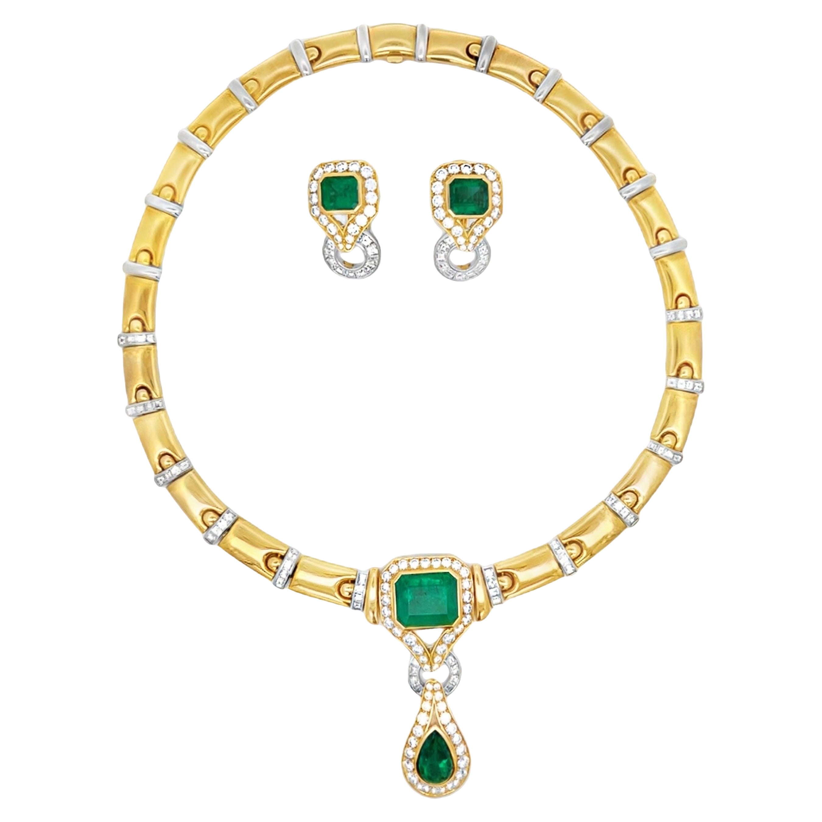 Emerald & Diamond Necklace & Earrings Set For Sale