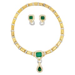 Vintage Emerald & Diamond Necklace & Earrings Set
