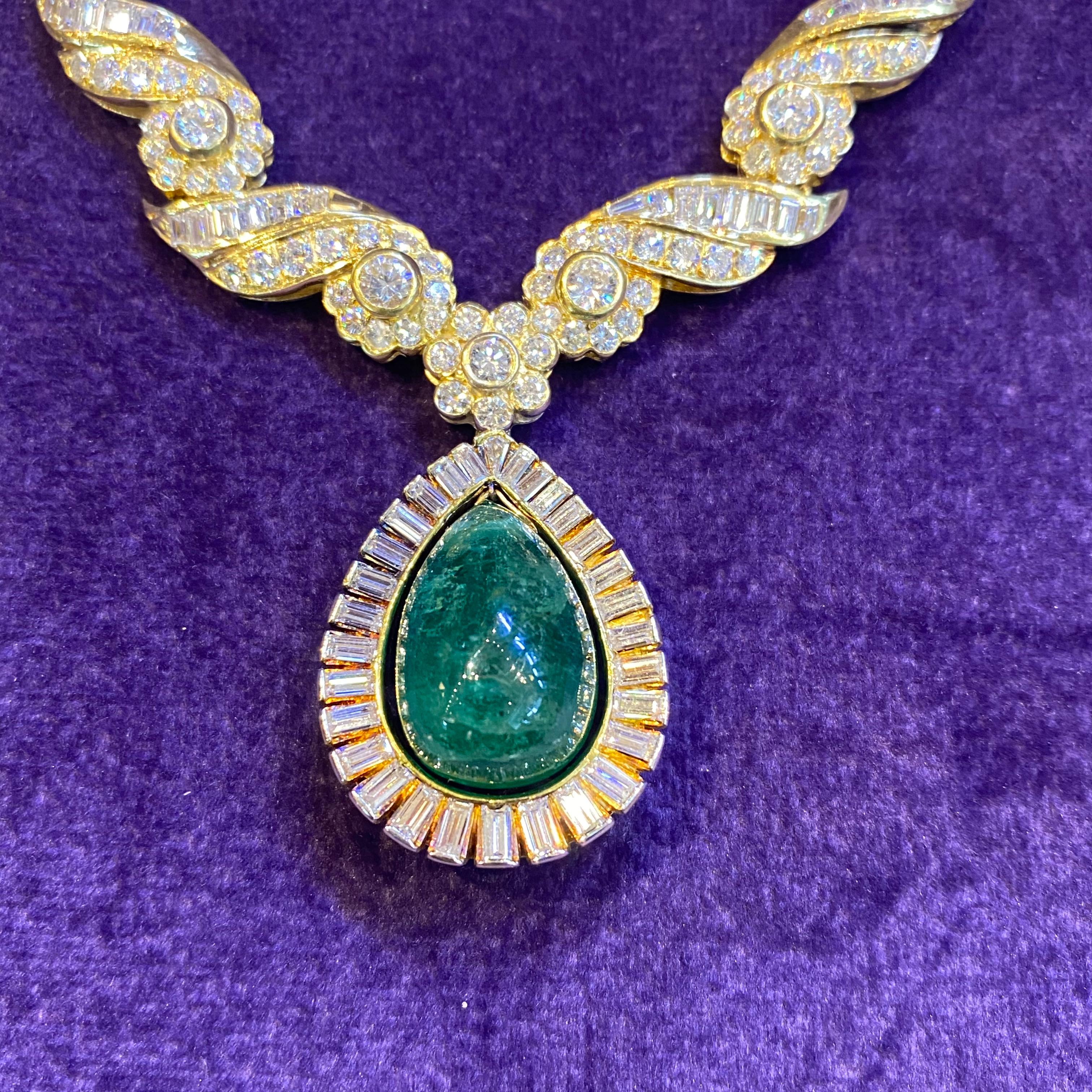 Cabochon Emerald & Diamond Necklace  For Sale