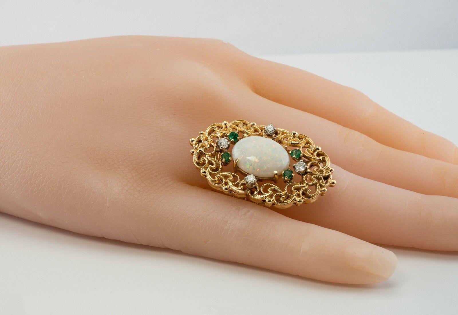 Emerald Diamond Opal Ring 14K Gold Cocktail Vintage For Sale 1