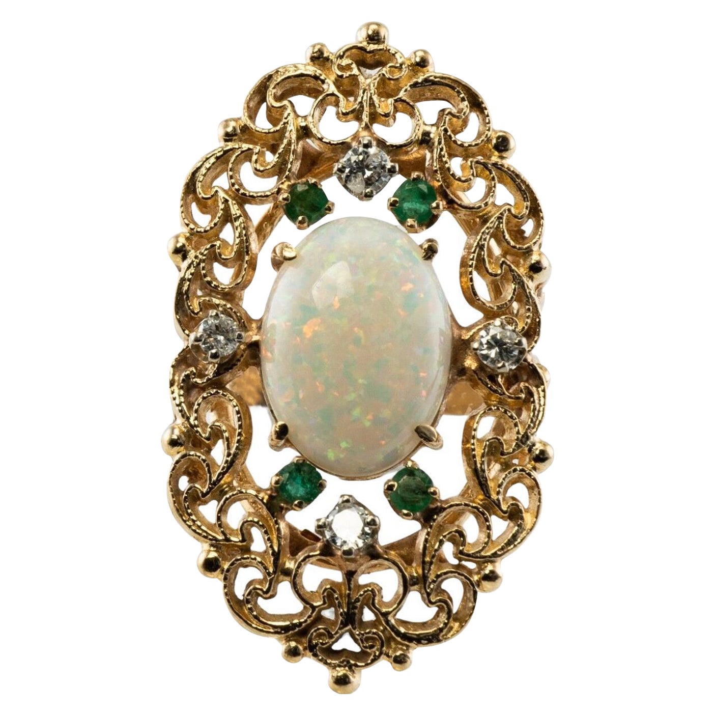 Bague Emeraude Diamant Opale Or 14K Cocktail Vintage en vente