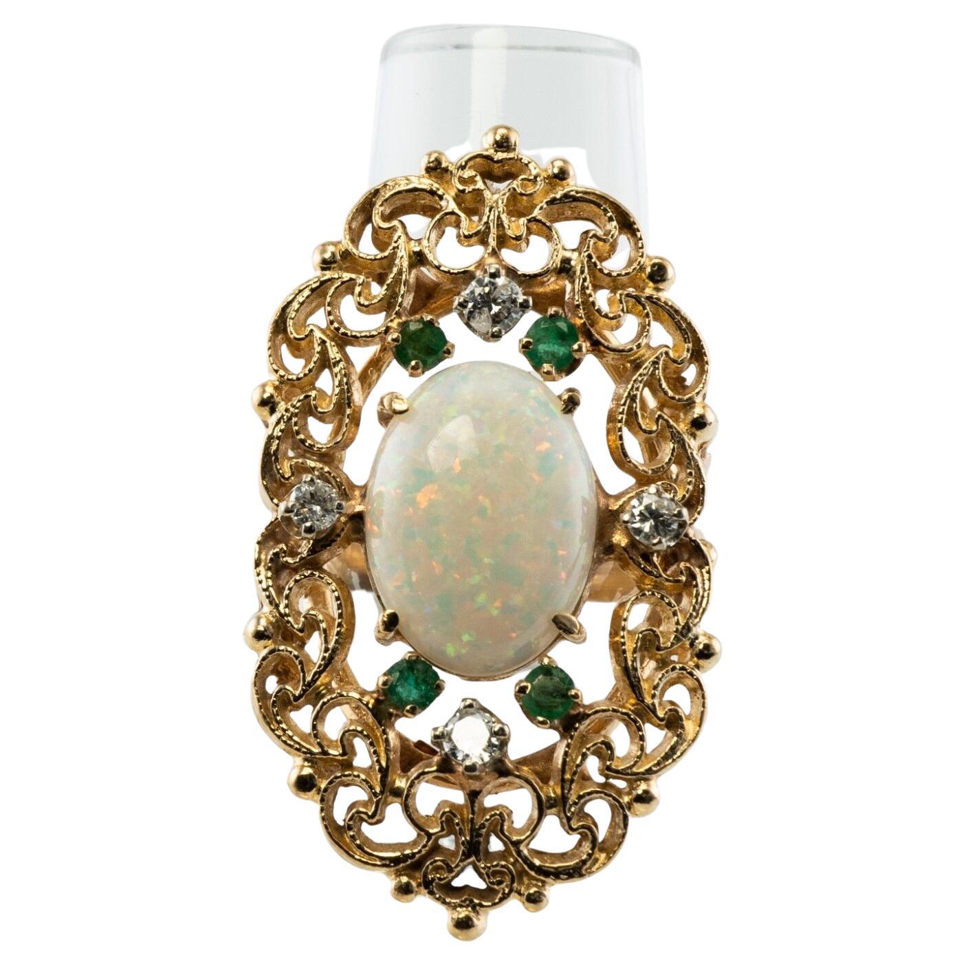 Emerald Diamond Opal Ring 14K Gold Cocktail Vintage For Sale