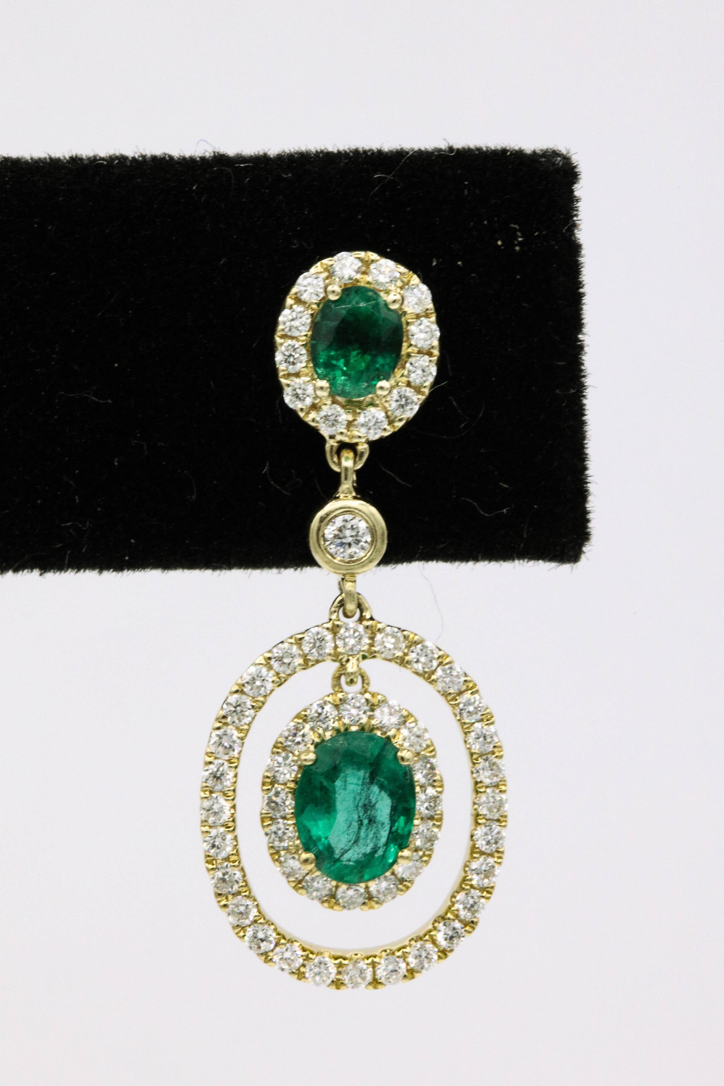 Contemporary Emerald Diamond Oval Shape Drop Earrings 1.79 Carat