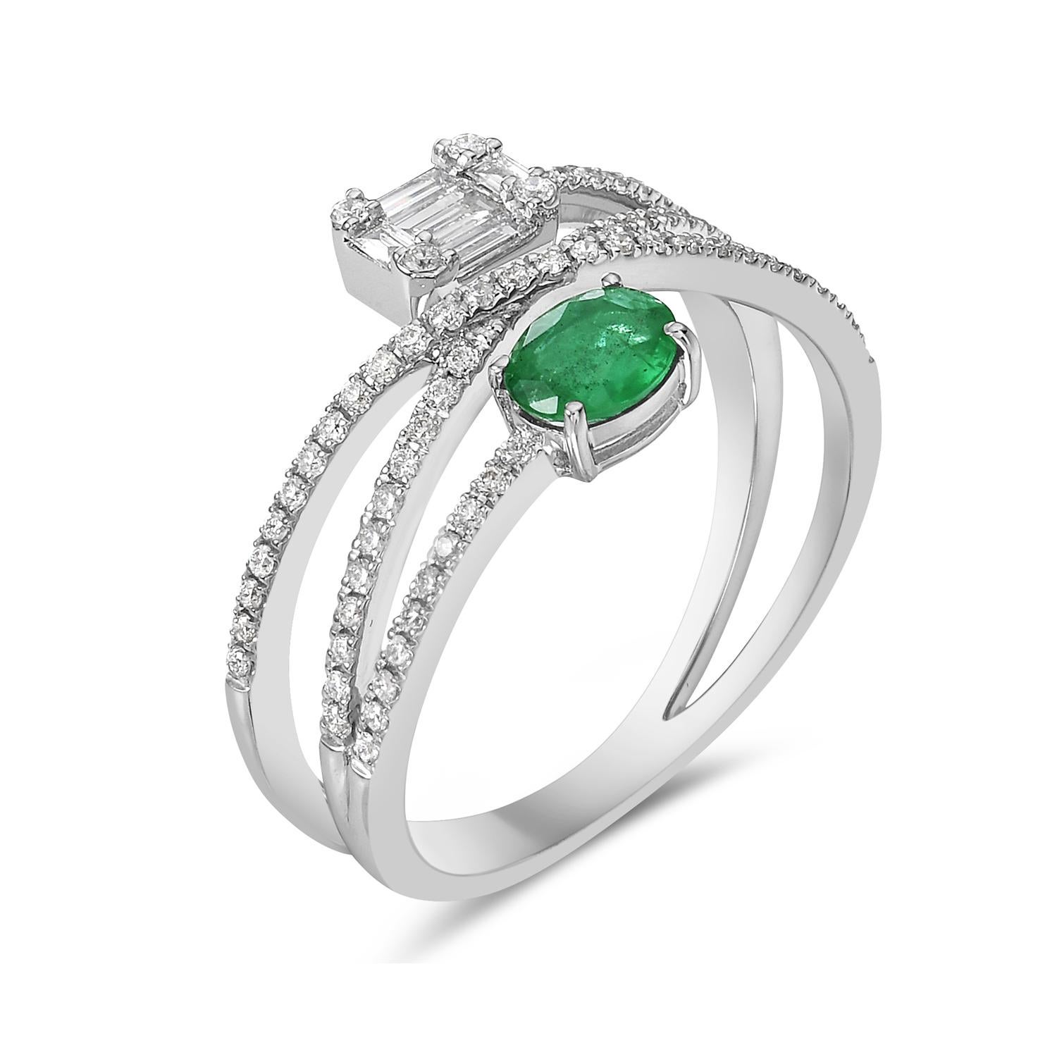 Artisan Emerald & Diamond Overlap Band Ring Made In 18k White Gold For Sale