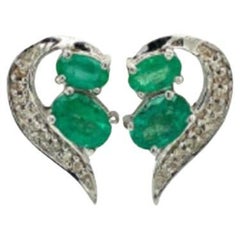 Vintage Emerald Diamond Paisley Stud Earrings in 925 Sterling Silver for Her