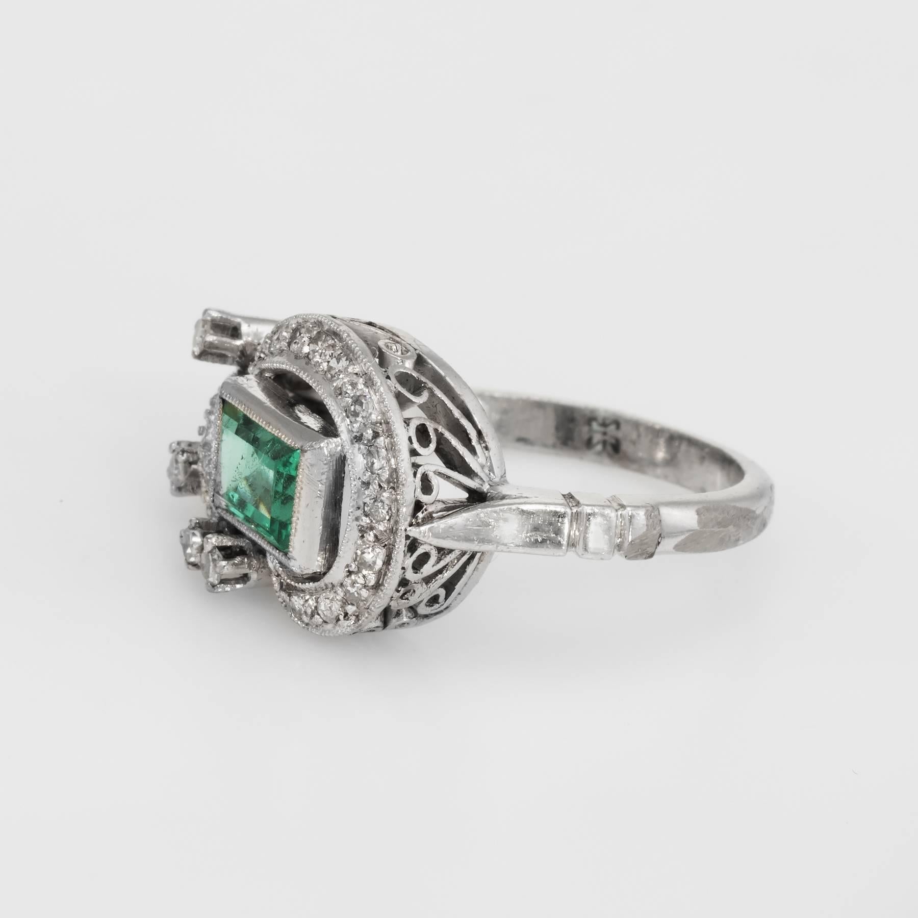 Emerald Cut Emerald Diamond Palladium Ring Vintage Cocktail Jewelry