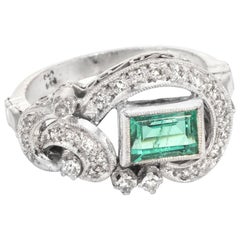 Emerald Diamond Palladium Ring Vintage Cocktail Jewelry