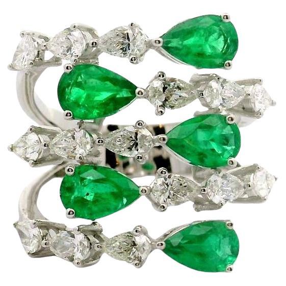 Emerald & Diamond Pear-Shape 18k White Gold Bypass Ring