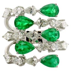 Emerald & Diamond Pear-Shape 18k White Gold Bypass Ring