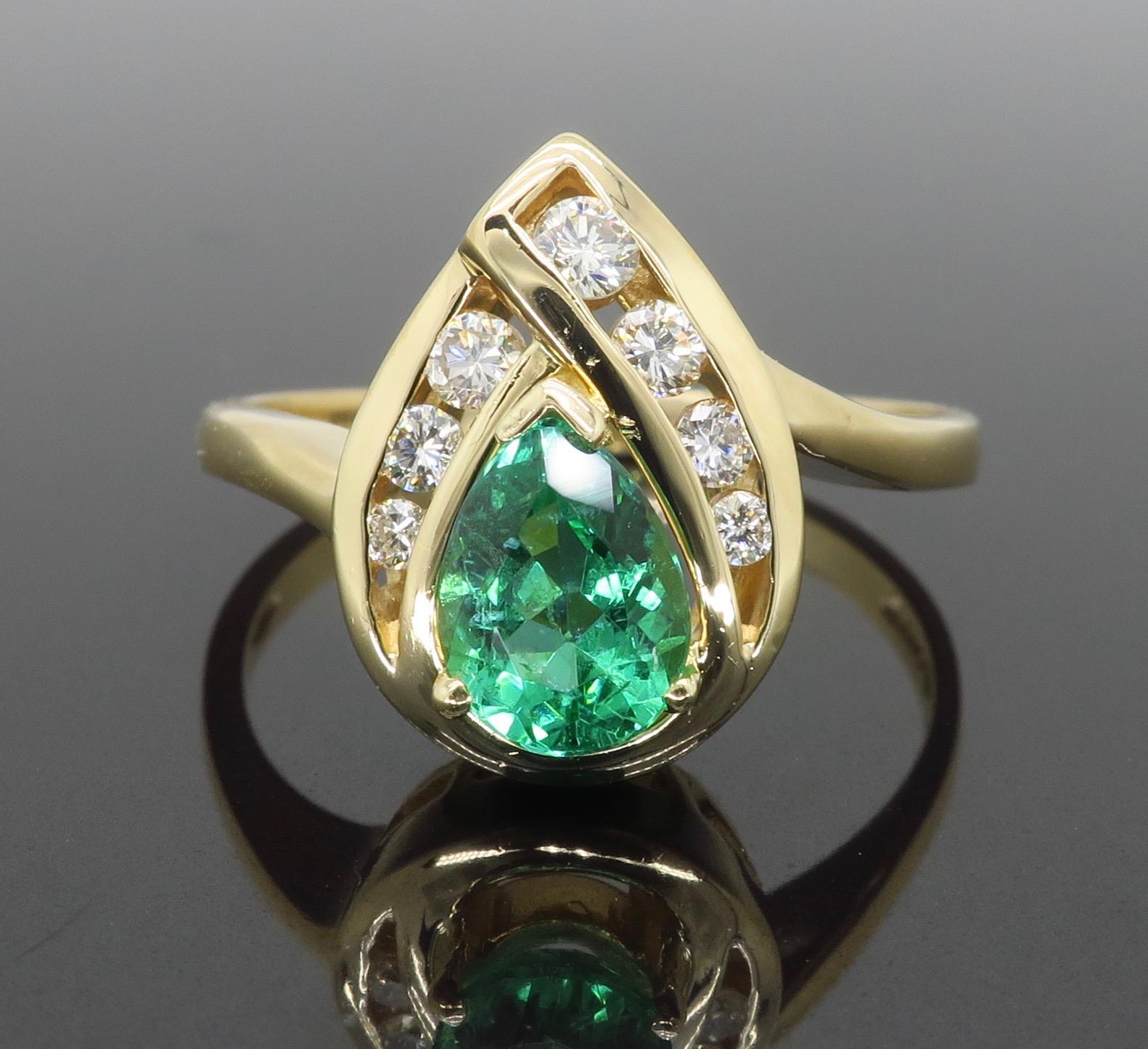 Emerald and Diamond Pear Shaped Ring In Excellent Condition In Webster, NY