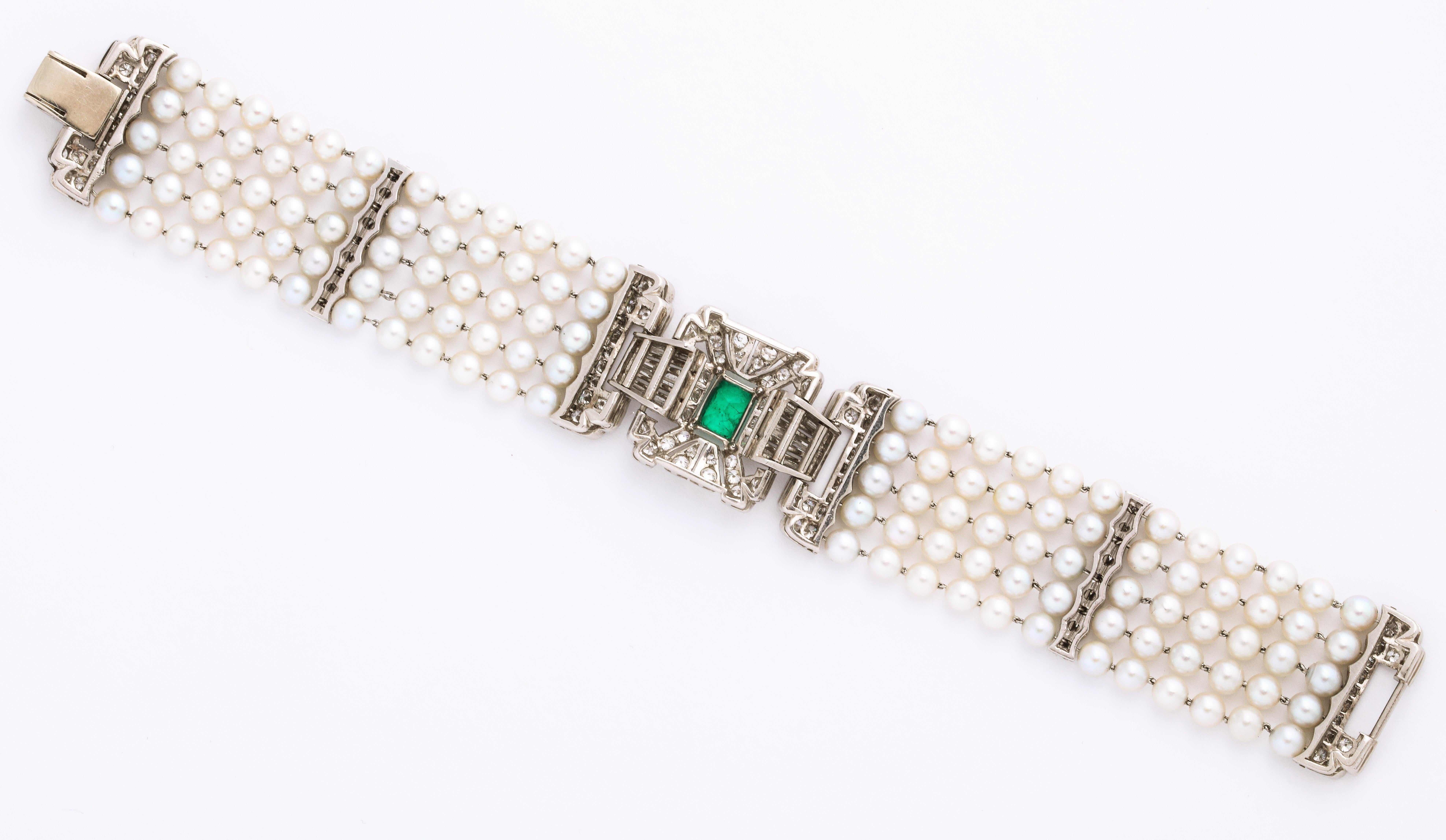 Romantic Emerald Diamond Pearl Platinum Bracelet