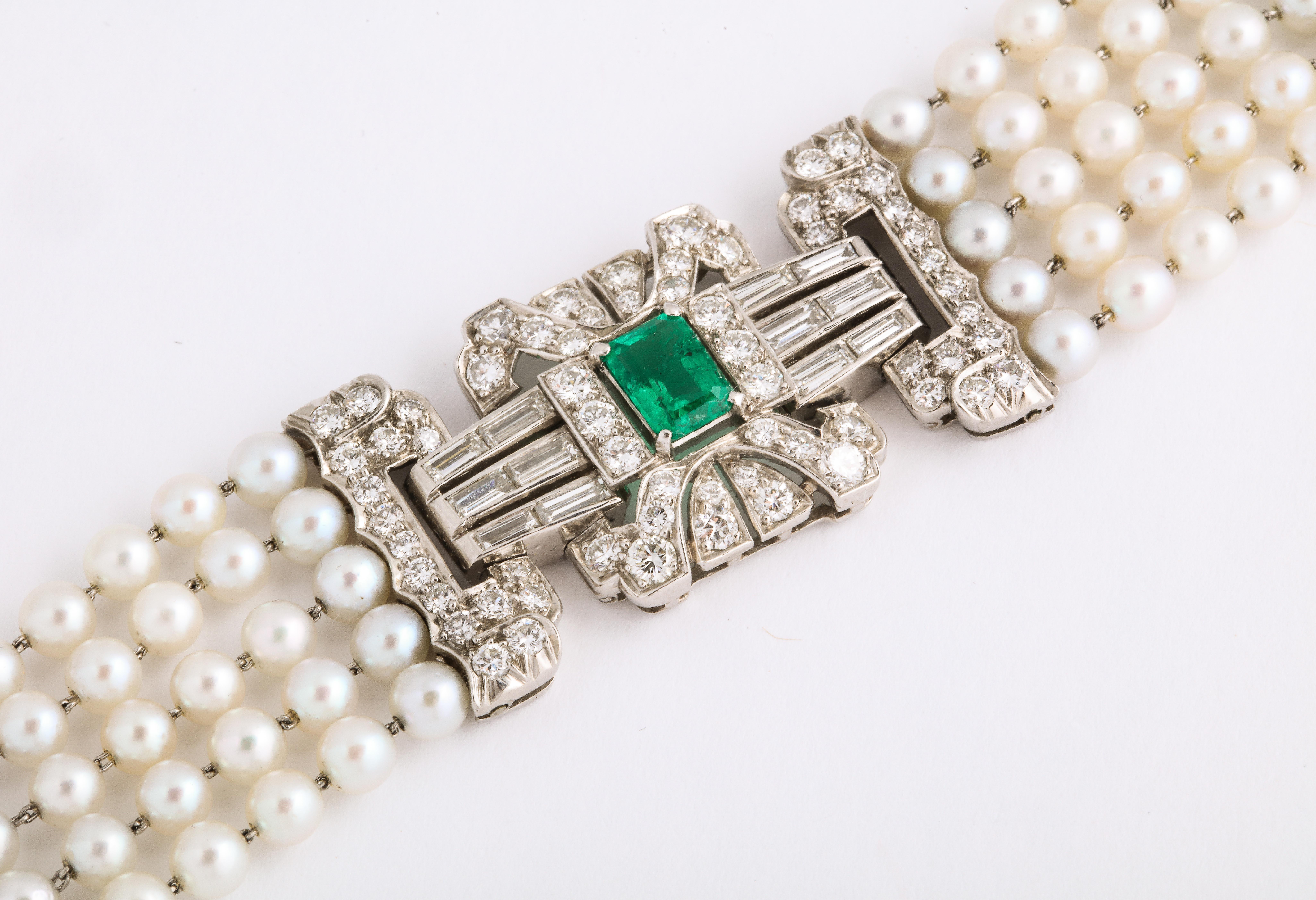 Emerald Diamond Pearl Platinum Bracelet In Excellent Condition In New York, NY