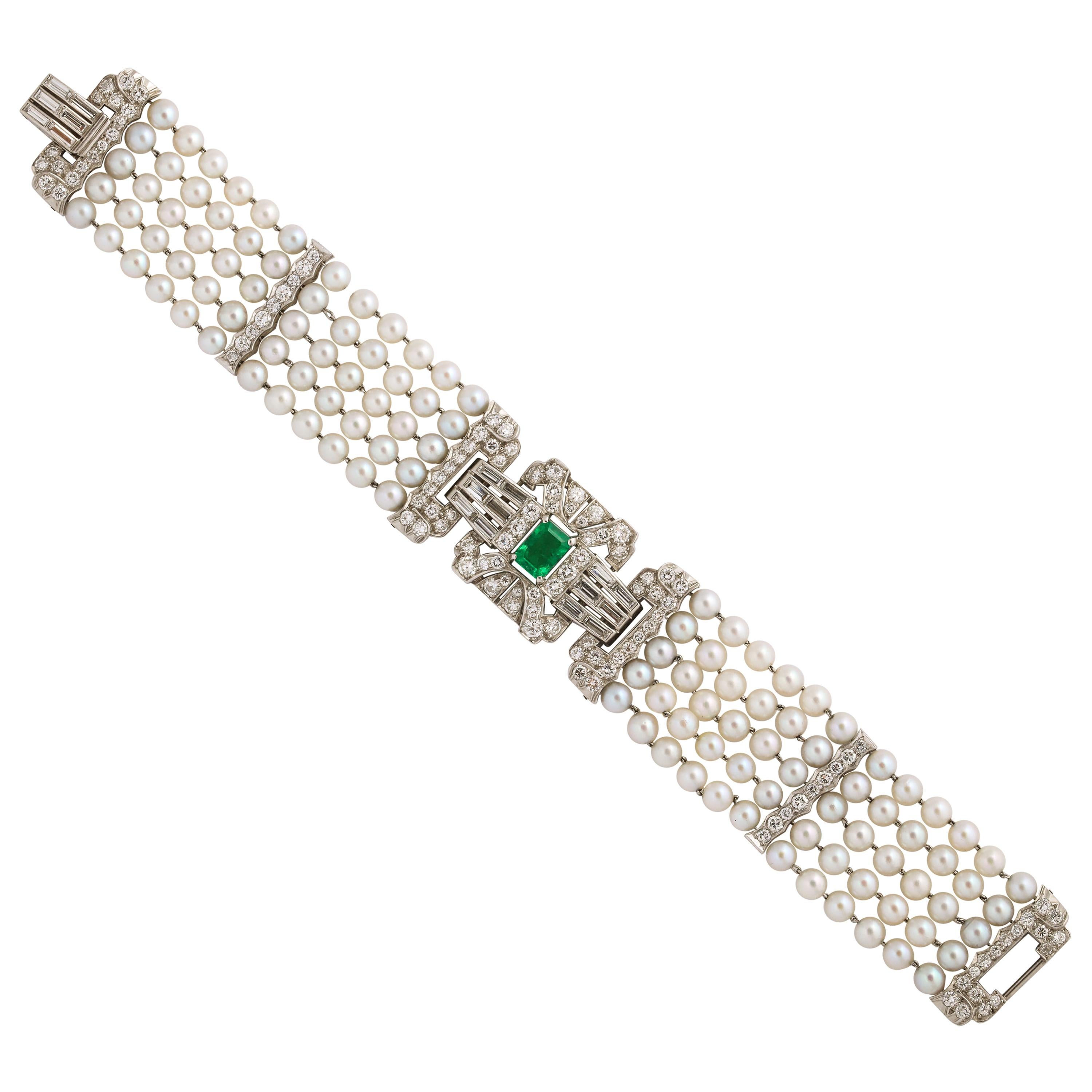 Emerald Diamond Pearl Platinum Bracelet For Sale