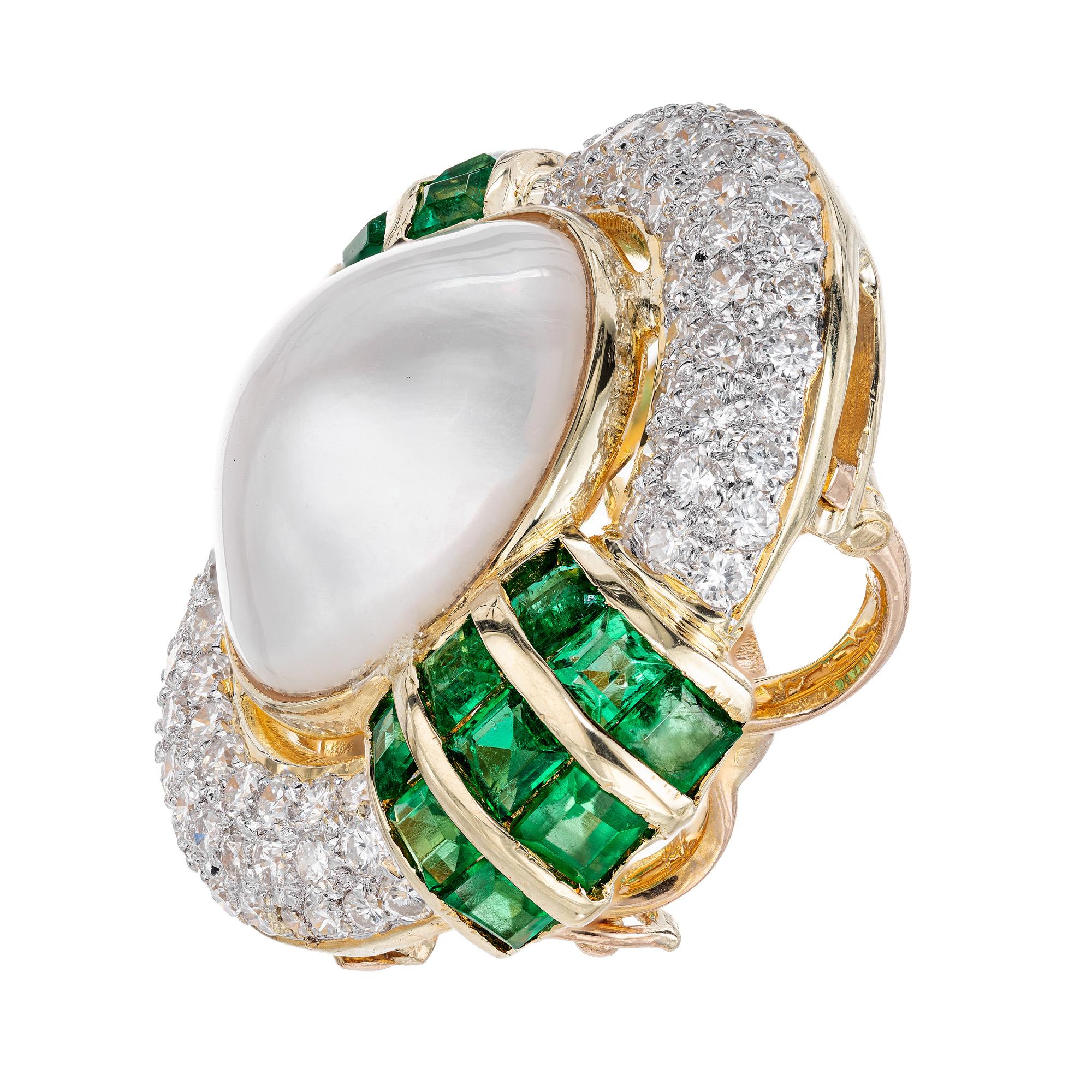 Square Cut Emerald Diamond Pearl Yellow Gold Enhancer Pendant For Sale