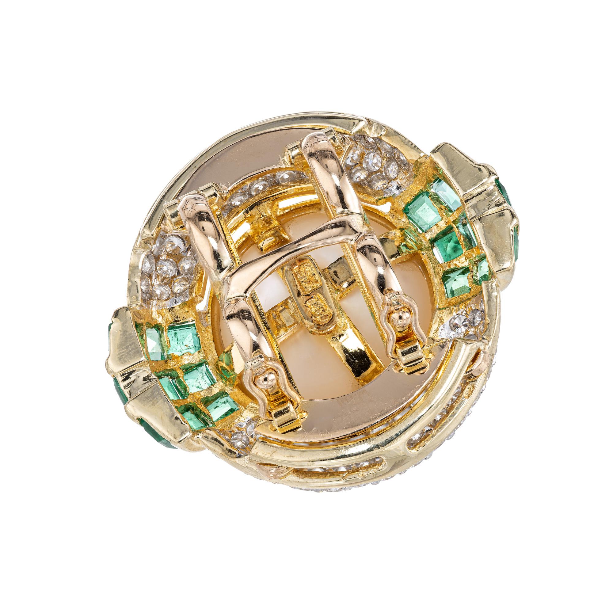 Emerald Diamond Pearl Yellow Gold Enhancer Pendant In Good Condition For Sale In Stamford, CT