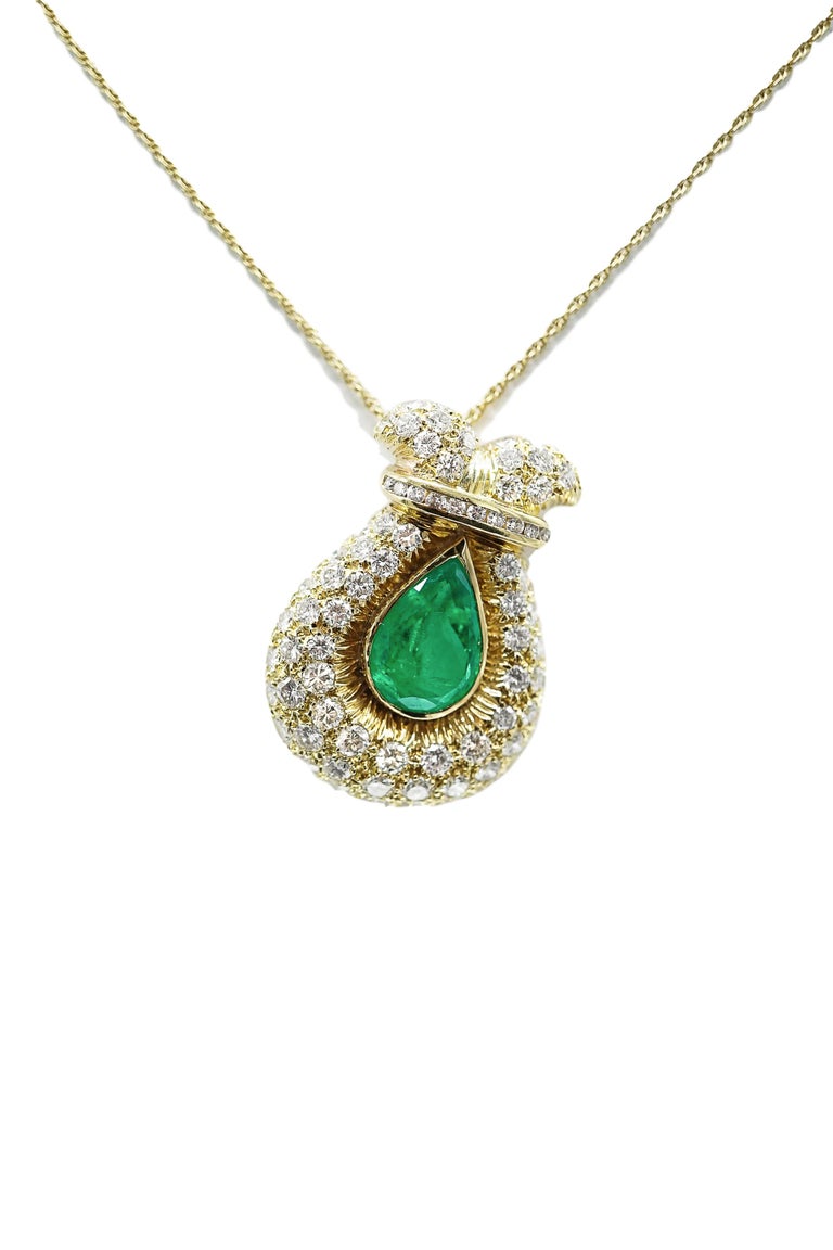 Emerald and Diamond Pendant or Brooch on Chain For Sale at 1stDibs ...
