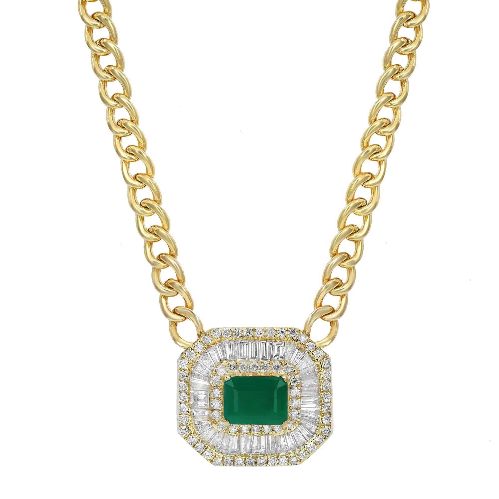 Bring brilliance to your look with this fabulous emerald and diamond pendant necklace. A perfect accent to everyday and evening looks with a touch of chic to any ensemble you pair it with. It features an octagon shape pendant showcasing a center