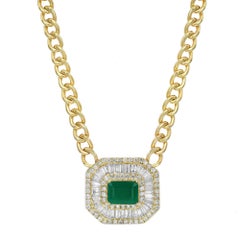 Emerald & Diamond Pendant Cuban Chain Necklace 14K Yellow Gold