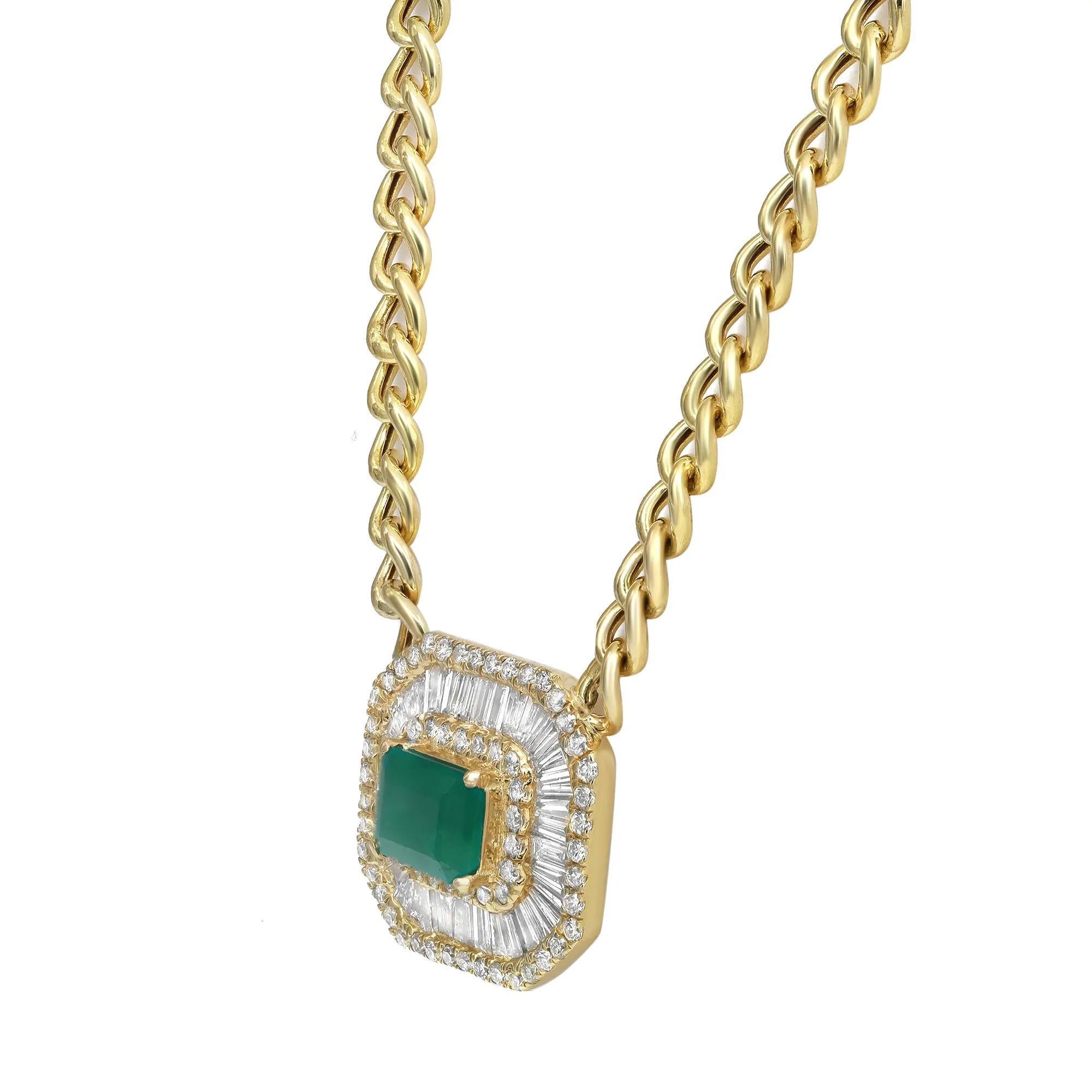 Modern Emerald & Diamond Pendant Cuban Chain Necklace 14K Yellow Gold For Sale
