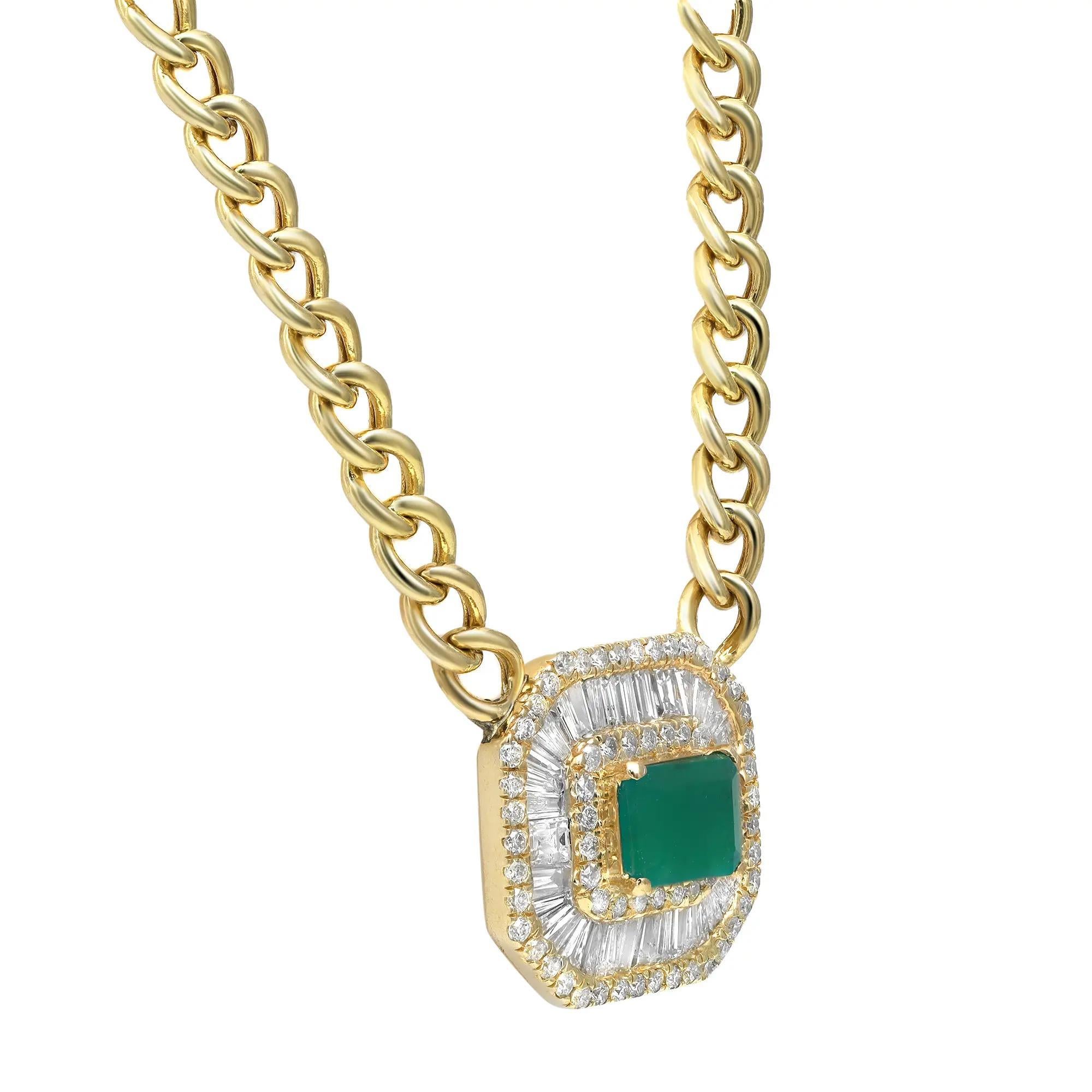 Emerald Cut Emerald & Diamond Pendant Cuban Chain Necklace 14K Yellow Gold For Sale