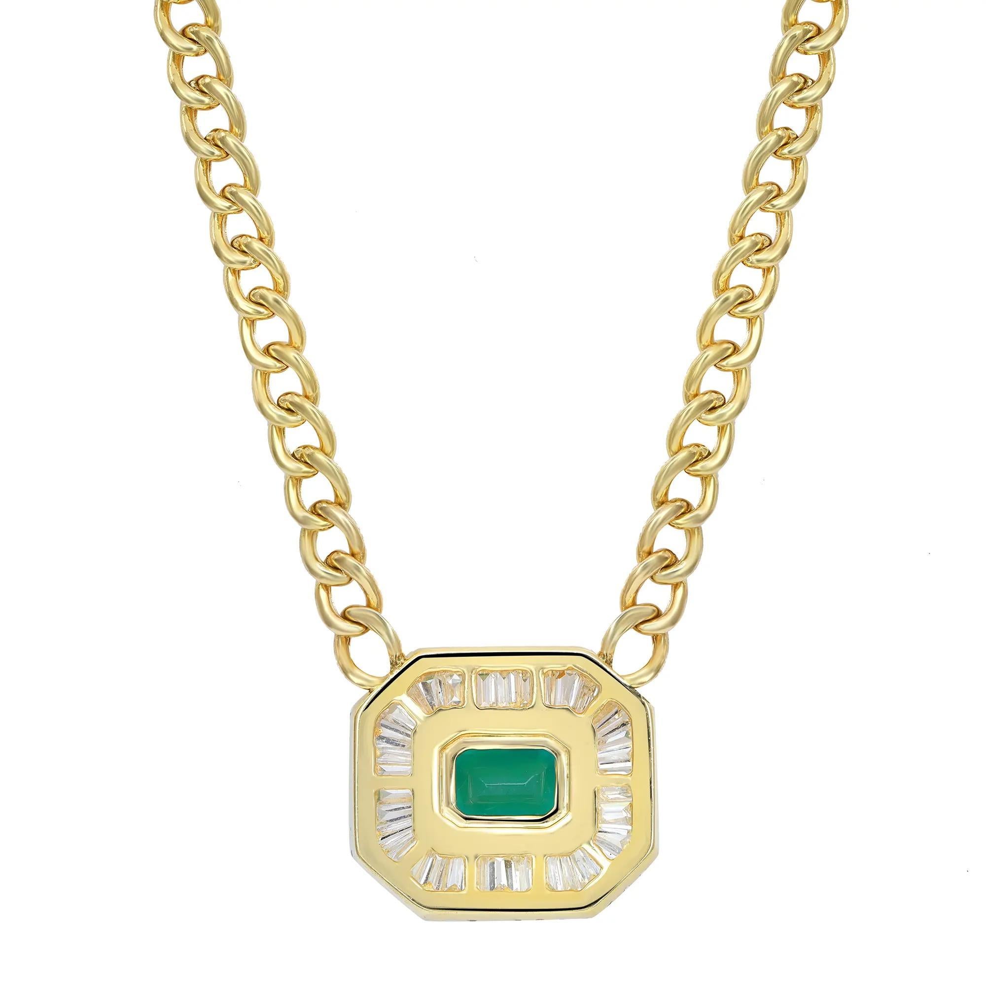 Emerald & Diamond Pendant Cuban Chain Necklace 14K Yellow Gold In New Condition For Sale In New York, NY
