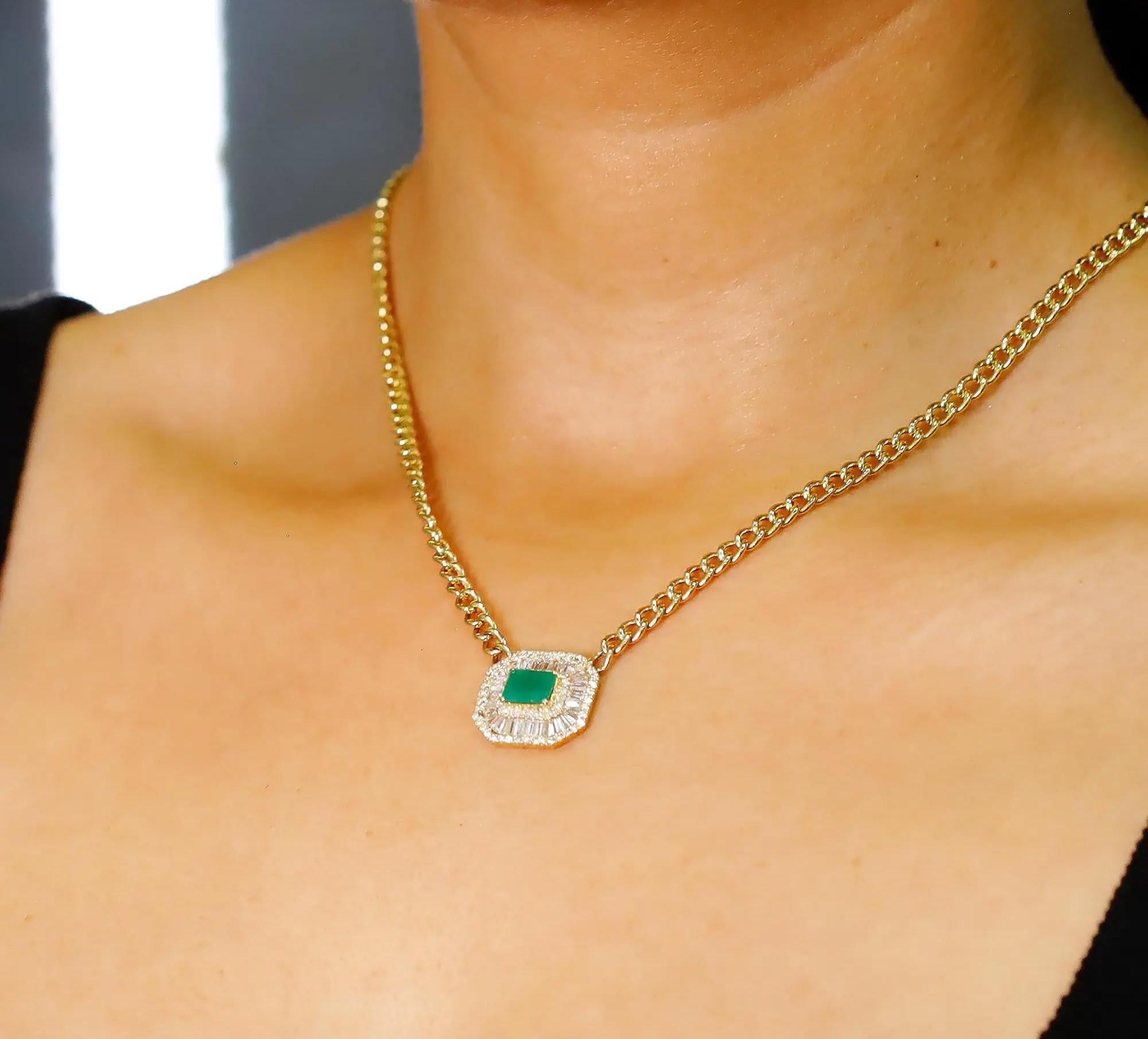 Emerald & Diamond Pendant Cuban Chain Necklace 14K Yellow Gold For Sale 1