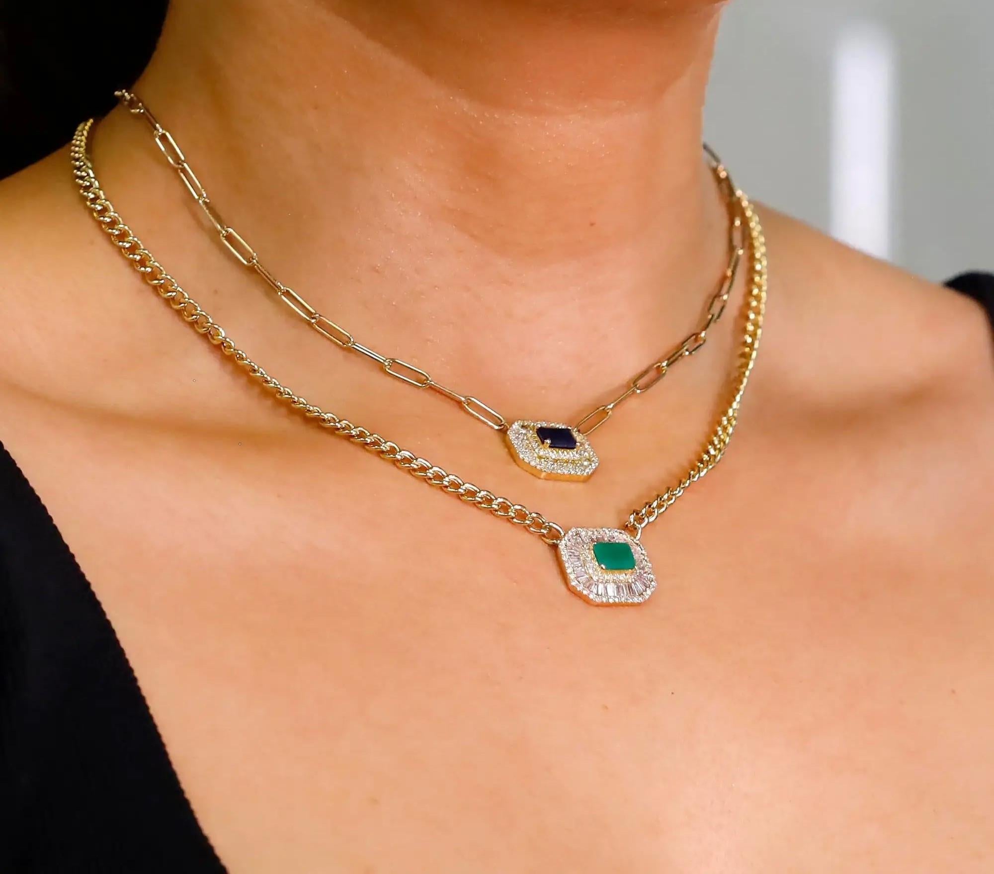 Emerald & Diamond Pendant Cuban Chain Necklace 14K Yellow Gold For Sale 2