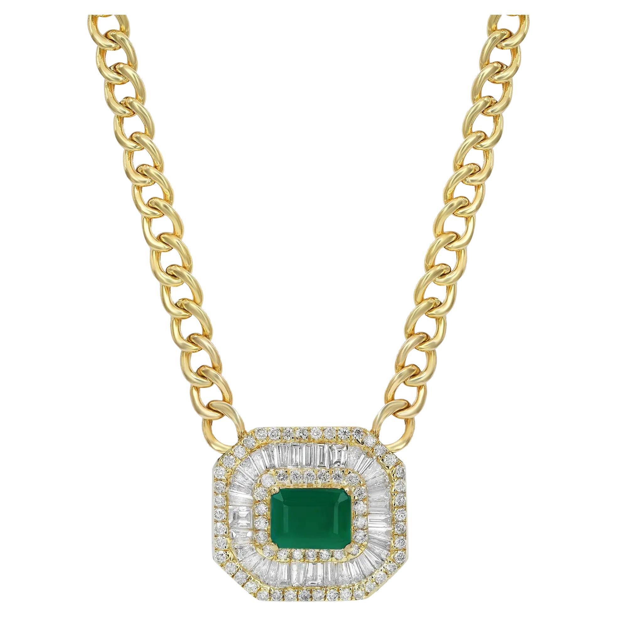 Emerald & Diamond Pendant Cuban Chain Necklace 14K Yellow Gold For Sale