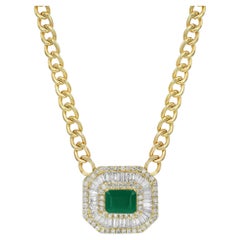 Emerald & Diamond Pendant Cuban Chain Necklace 14K Yellow Gold