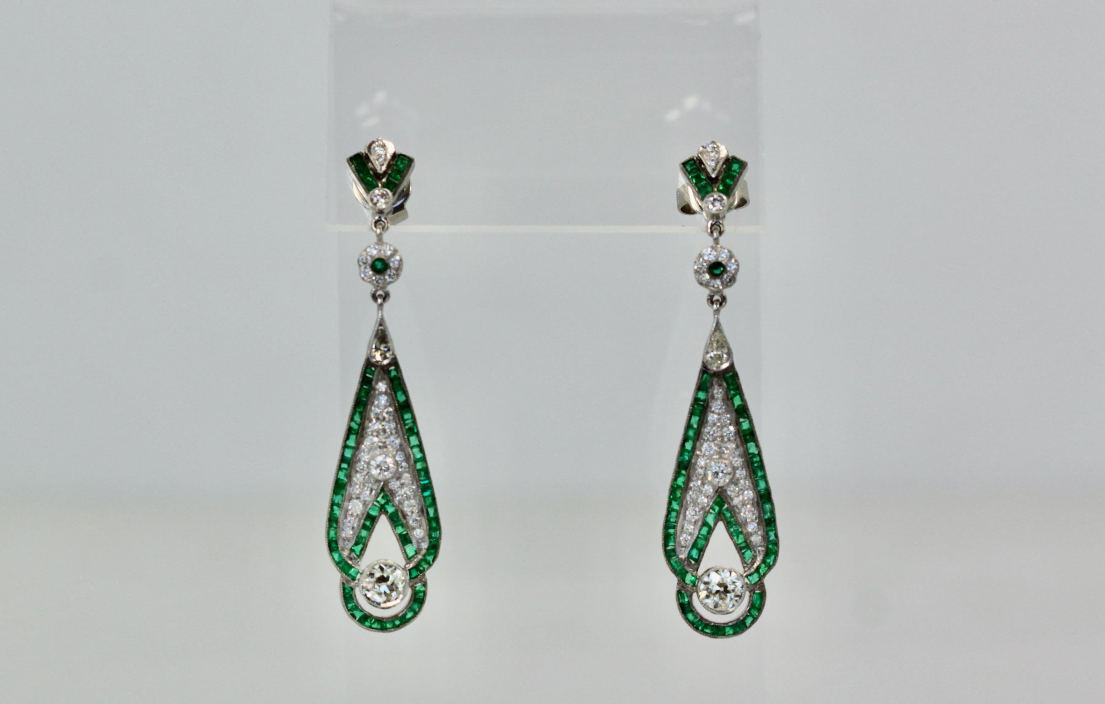 Art Deco Emerald Diamond Pendant Earrings 18K For Sale