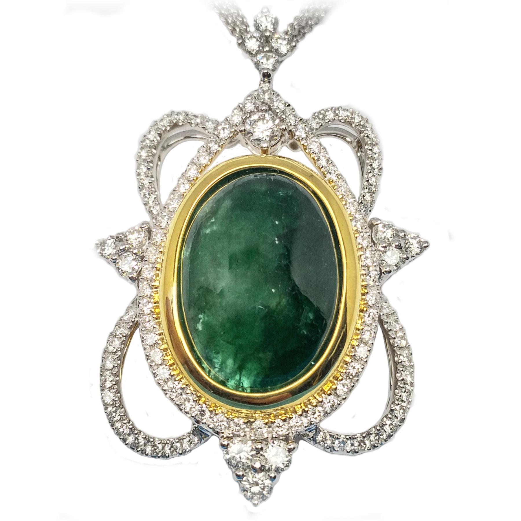 Hunter green cabochon emerald and diamond pendant. Handcrafted oval, hunter green natural emerald mounted in yellow gold bezel frame, accented with round brilliant cut diamond design, set in 18 karat white and yellow gold, along with multi strand,