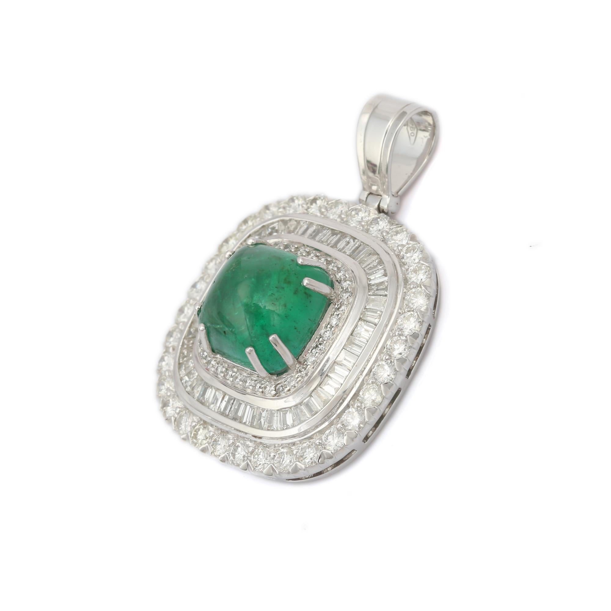 Regal Halo Diamond Emerald Pendant in 18K Gold studded in white gold settings. This stunning piece of jewelry instantly elevates a casual look or dressy outfit. 
Emerald enhances the intellectual capacity of the person.
Designed with cushion cut