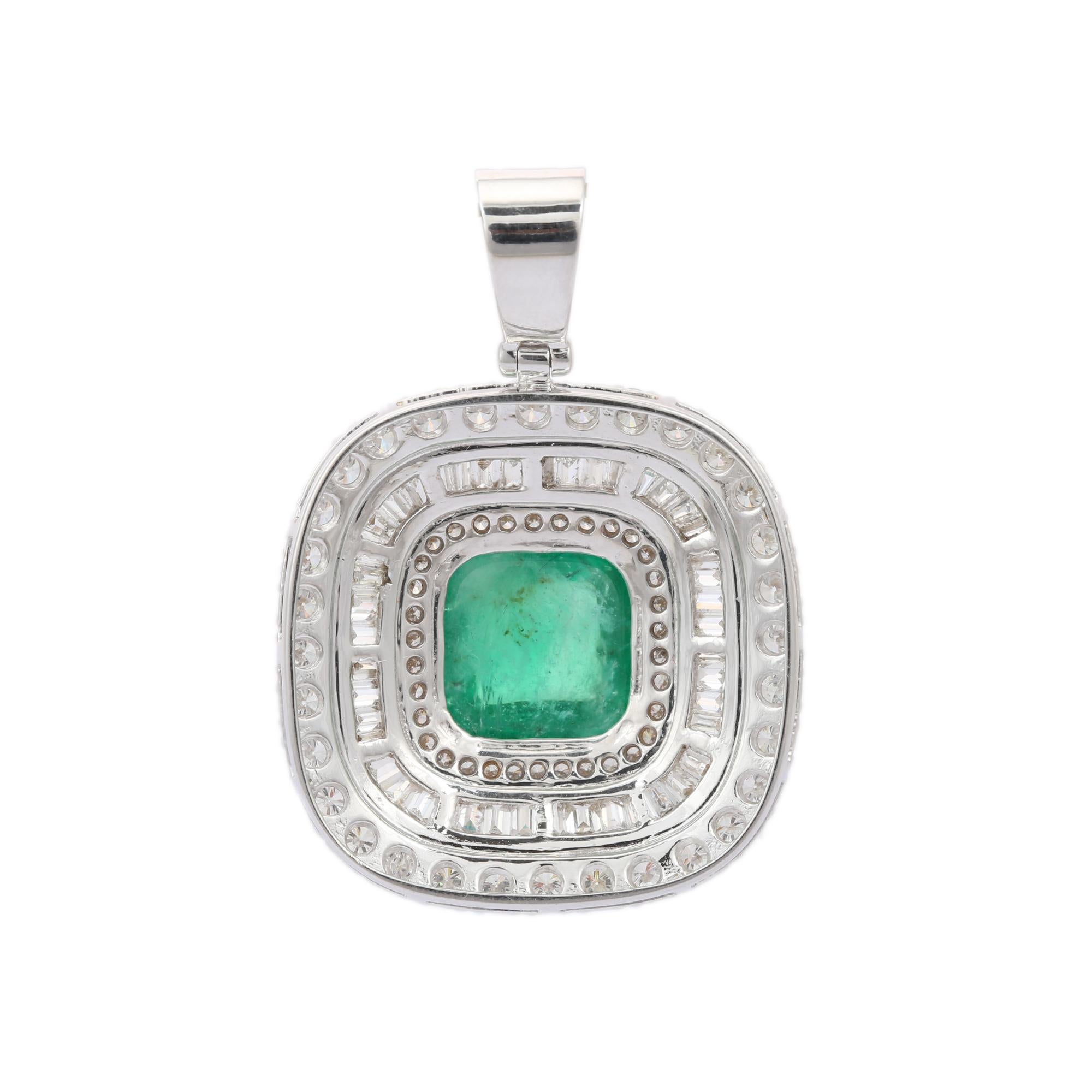 Cushion Cut Regal Halo Diamond Emerald Pendant in 18k Solid White Gold For Sale