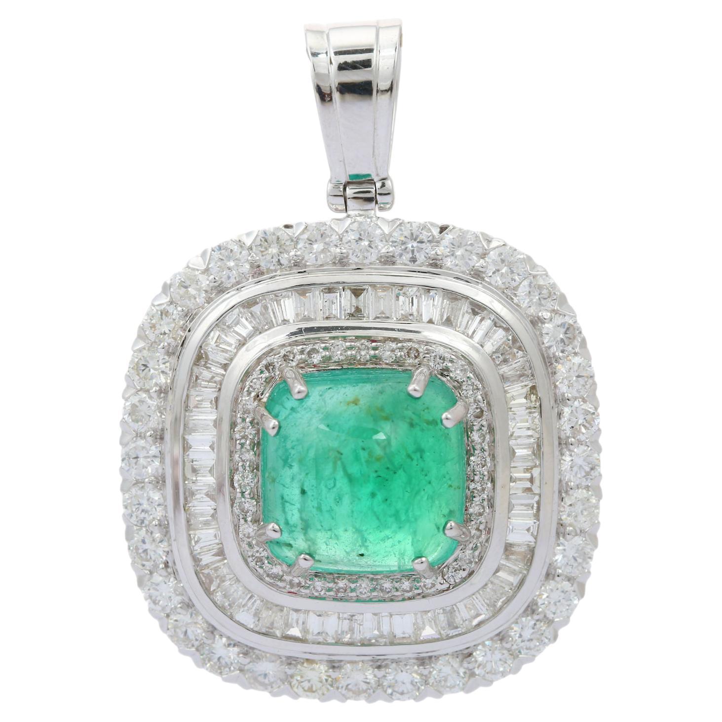 Regal Halo Diamond Emerald Pendant in 18k Solid White Gold For Sale