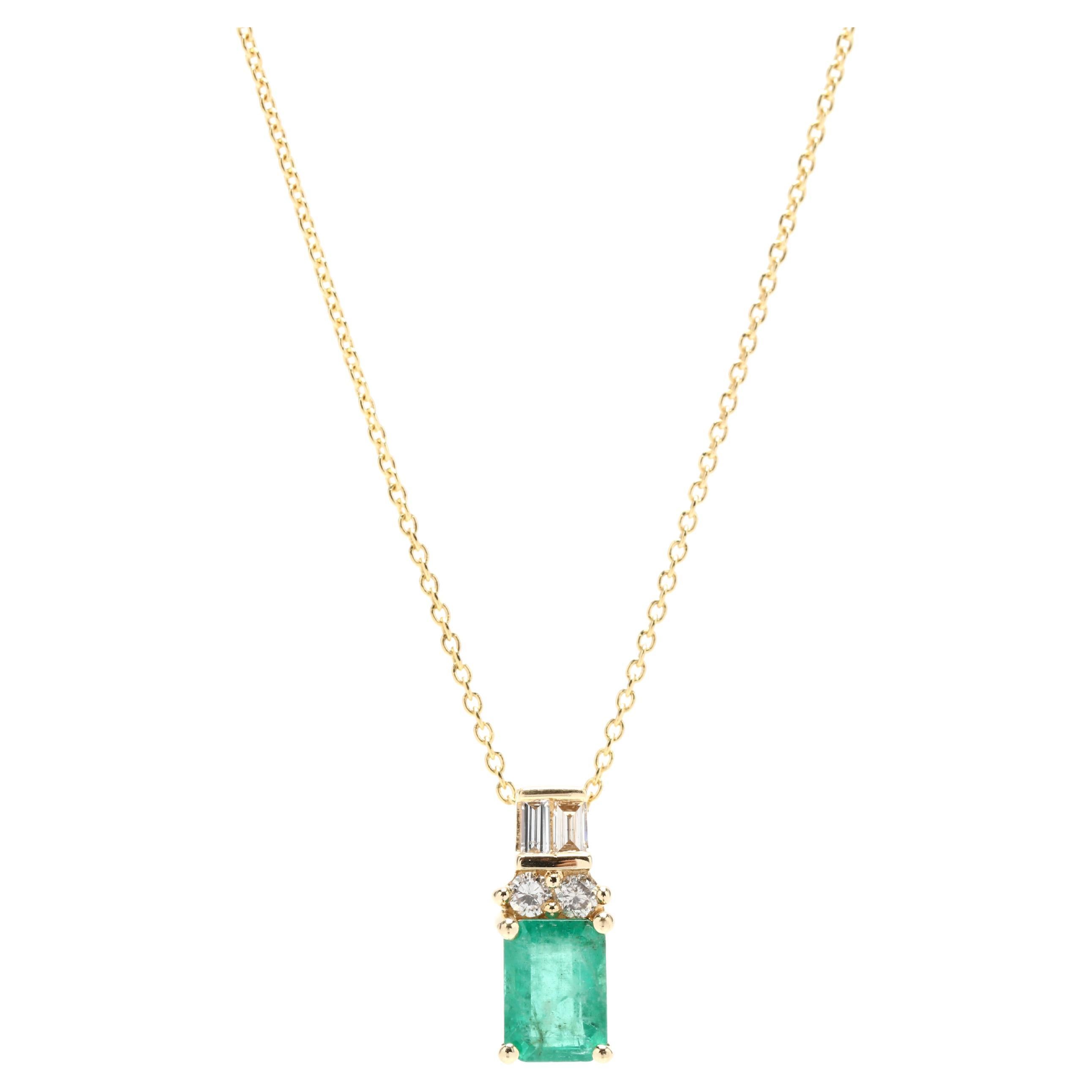 Emerald Diamond Pendant Necklace, 14K Yellow Gold