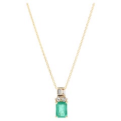 Emerald Diamond Pendant Necklace, 14K Yellow Gold