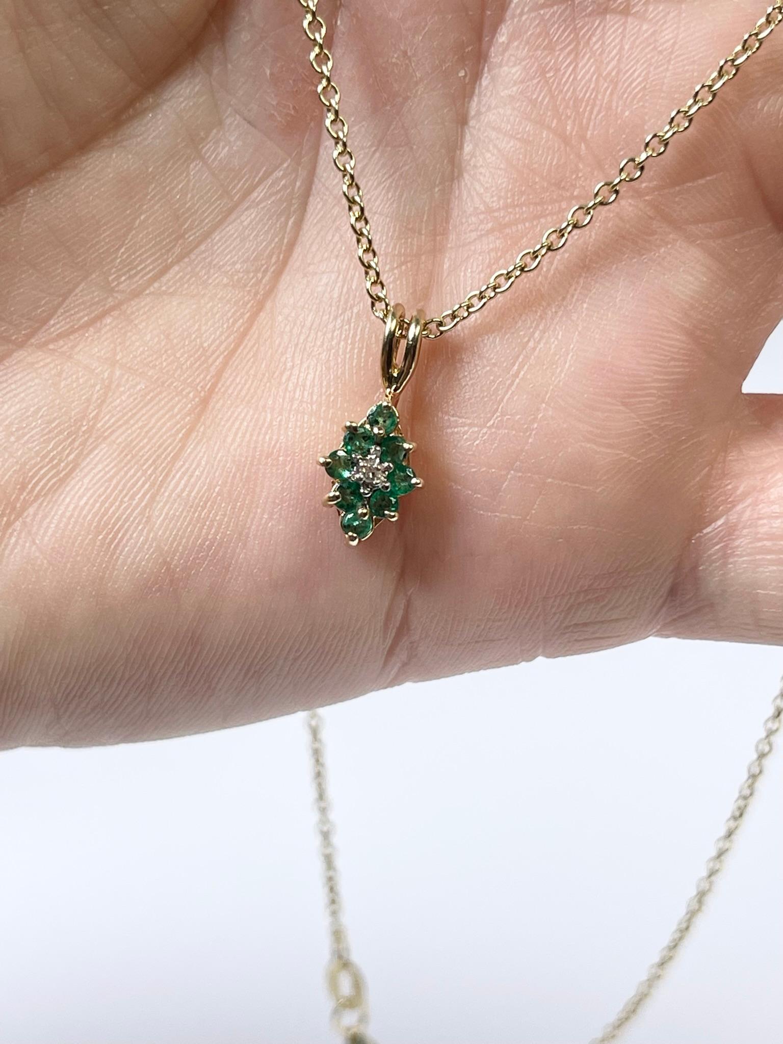 Emerald Diamond Pendant Necklace 14kt Yellow Gold Dainty Pendant Christmas Gift In New Condition For Sale In Jupiter, FL