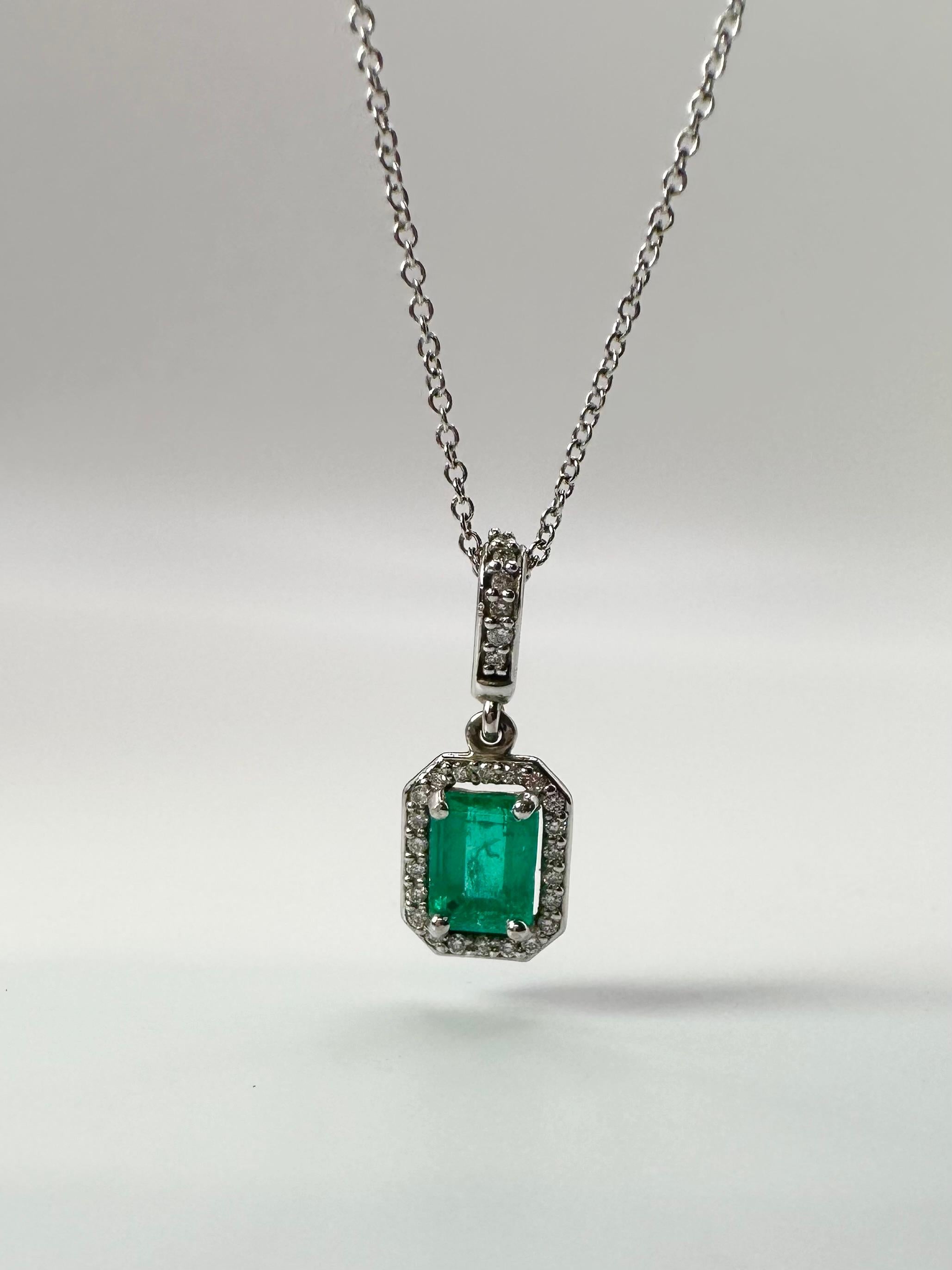 Contemporary Emerald Diamond Pendant Necklace Modern Design Certified Emerald Gemstone 14kt For Sale