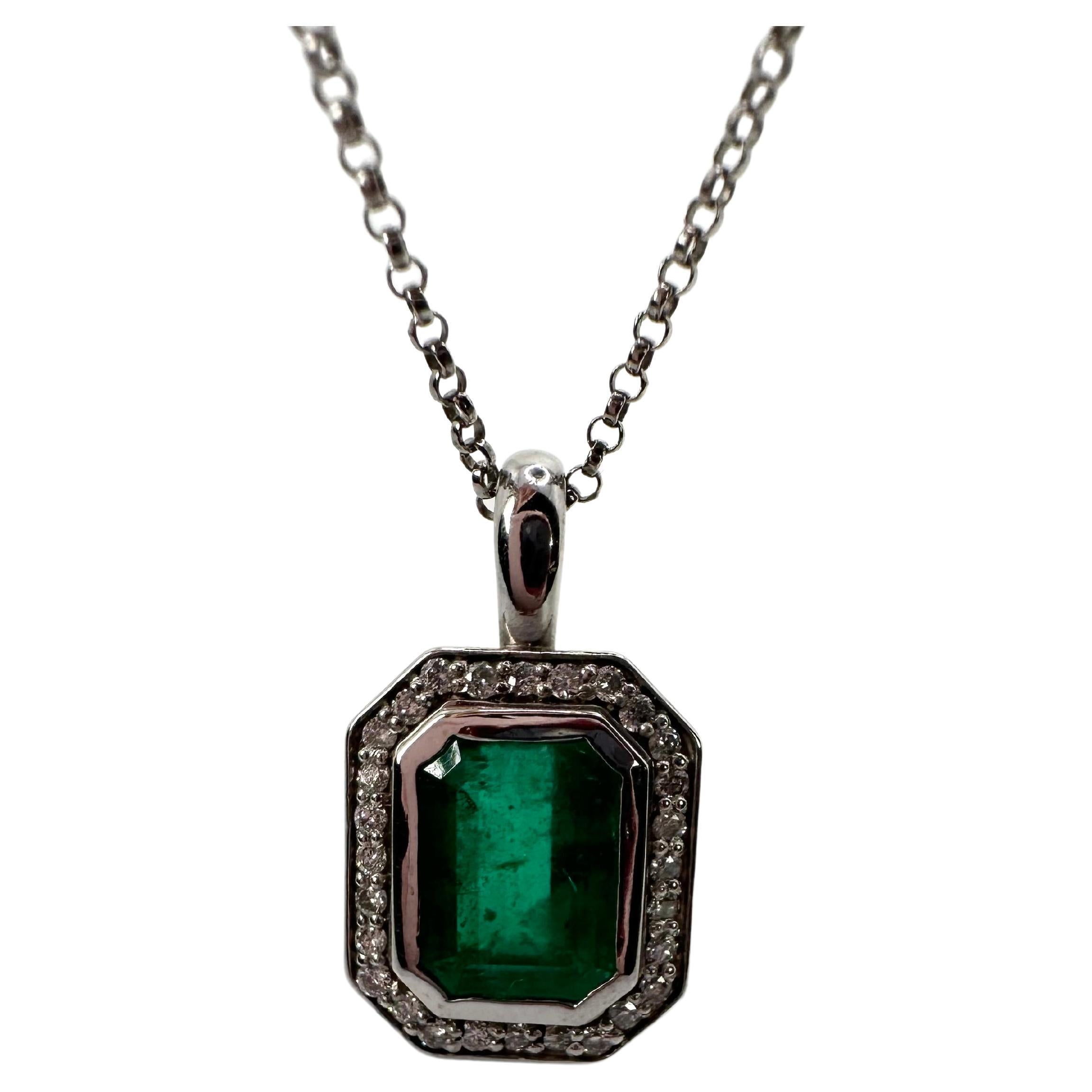 Emerald Diamond Pendant Necklace Modern Design Certified Emerald Gemstone 1.95ct