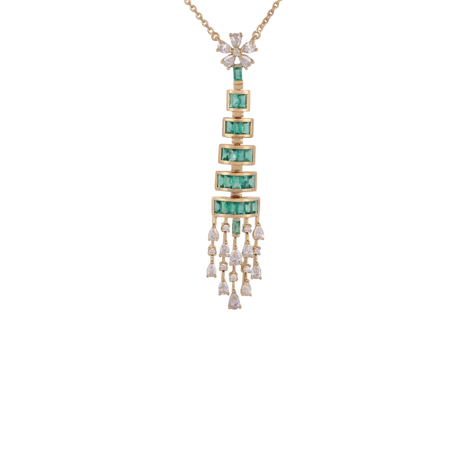This is an exclusive emerald & diamond pendant necklace with chain features 22 baguette-shaped emeralds 1.86 carat, 15 pear-shaped diamonds 1.43 carat with 8 brilliant-cut round shaped diamonds 0.15 carat, this pendant entirely made in 18 karat