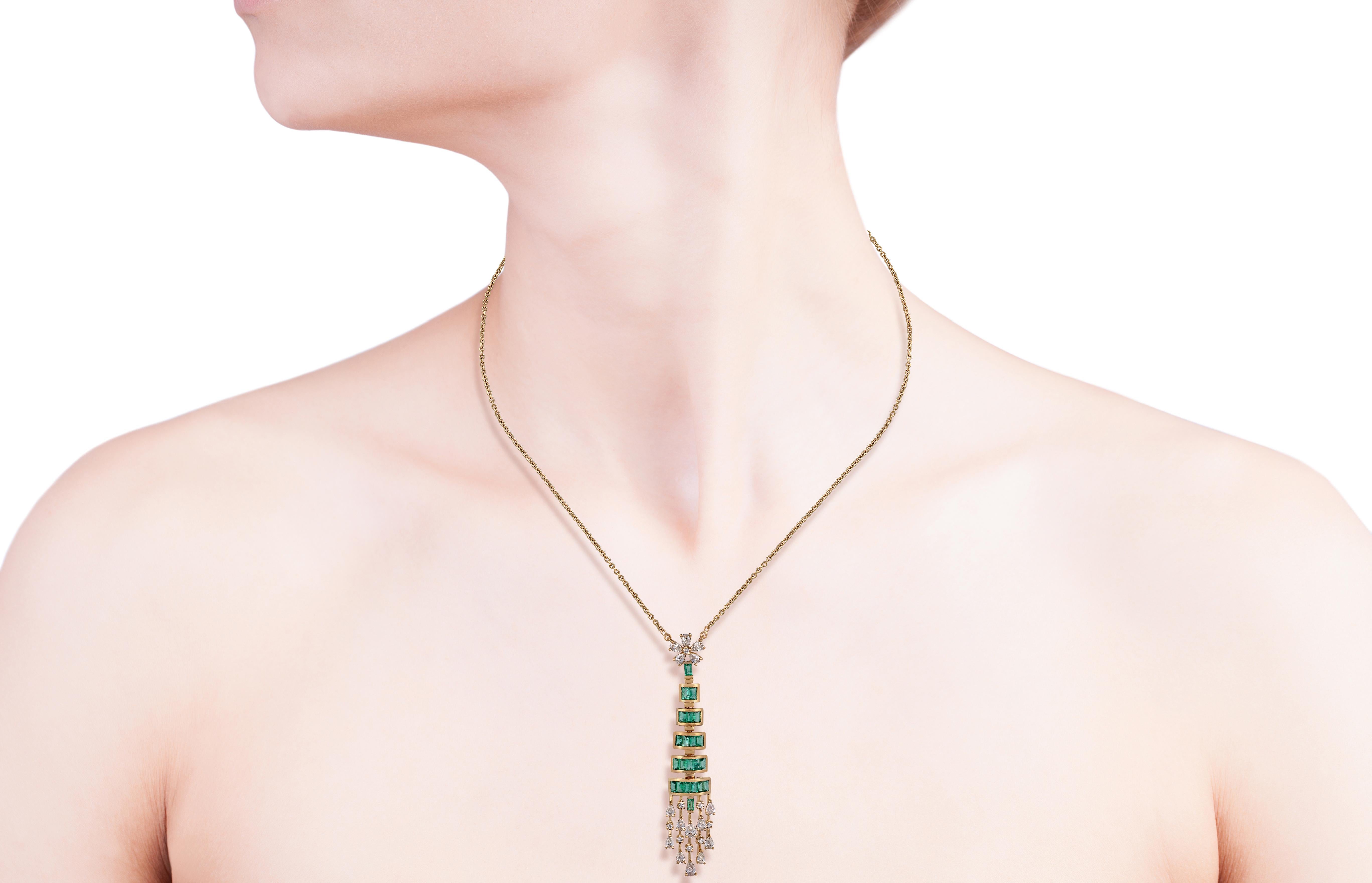 Baguette Cut Emerald and Diamond Pendant Necklace Studded in 18 Karat Yellow Gold