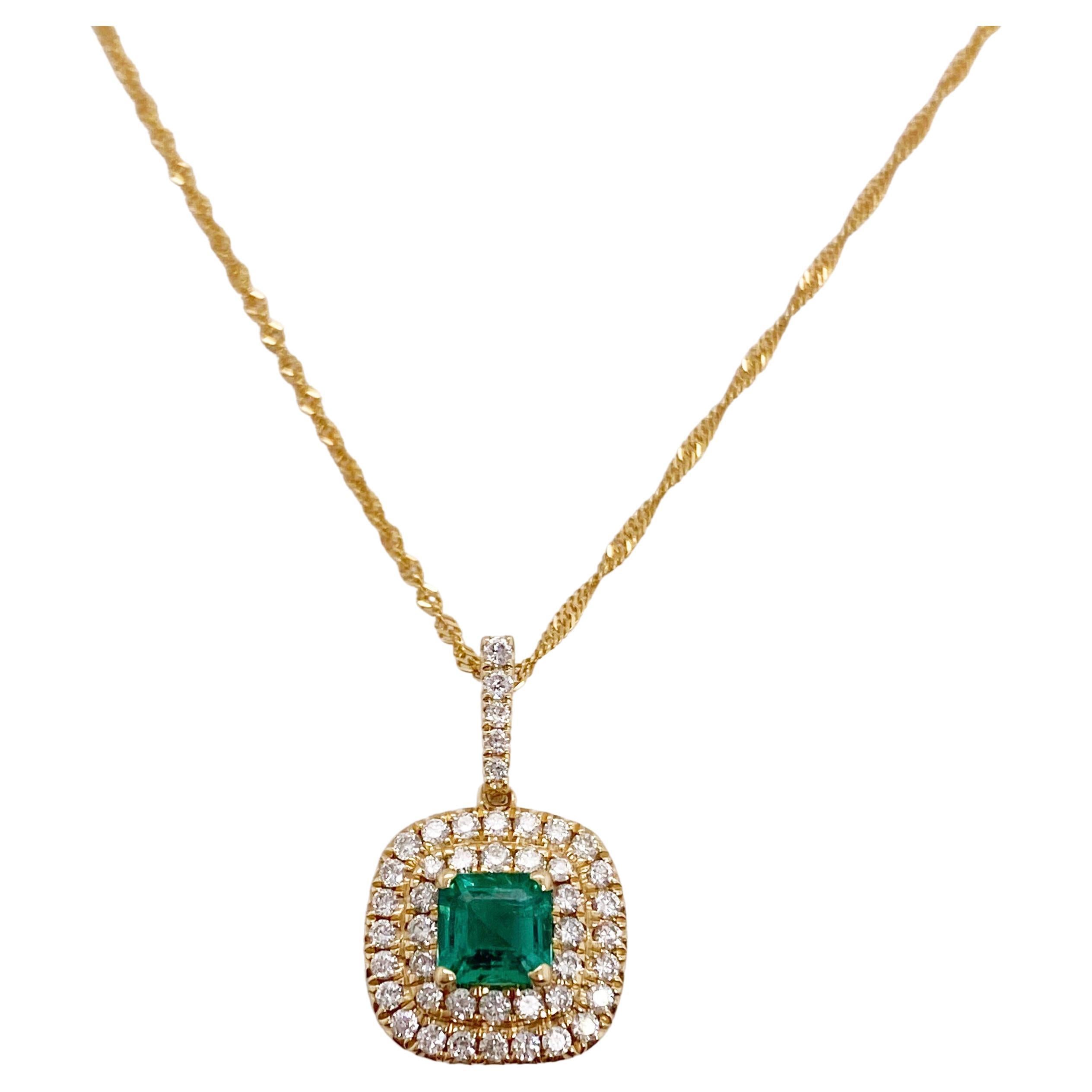 Emerald Diamond Pendant with Double Diamond Halo Colombian Emerald For Sale