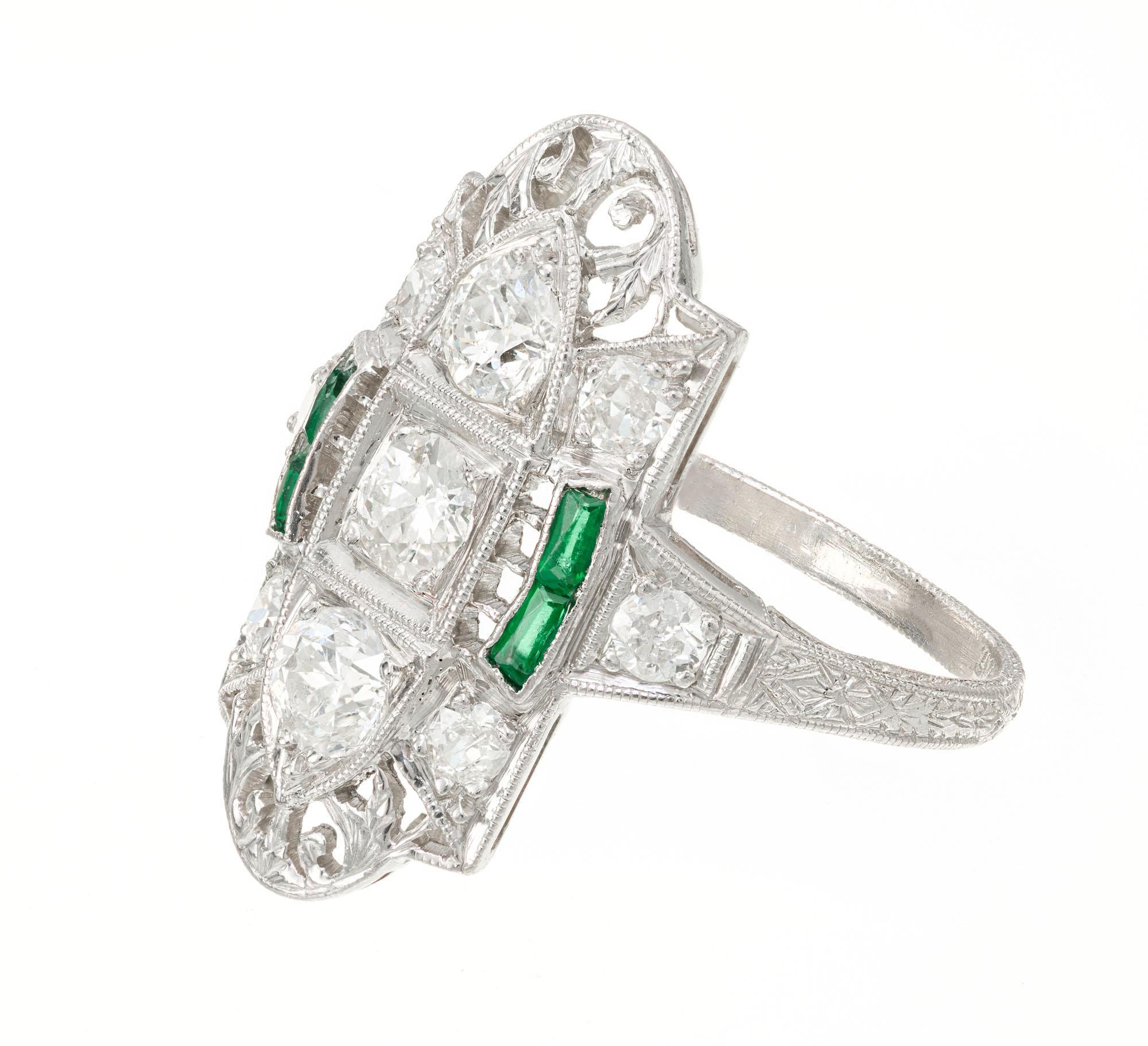Round Cut Emerald Diamond Pierced Engraved Art Deco Platinum Ring