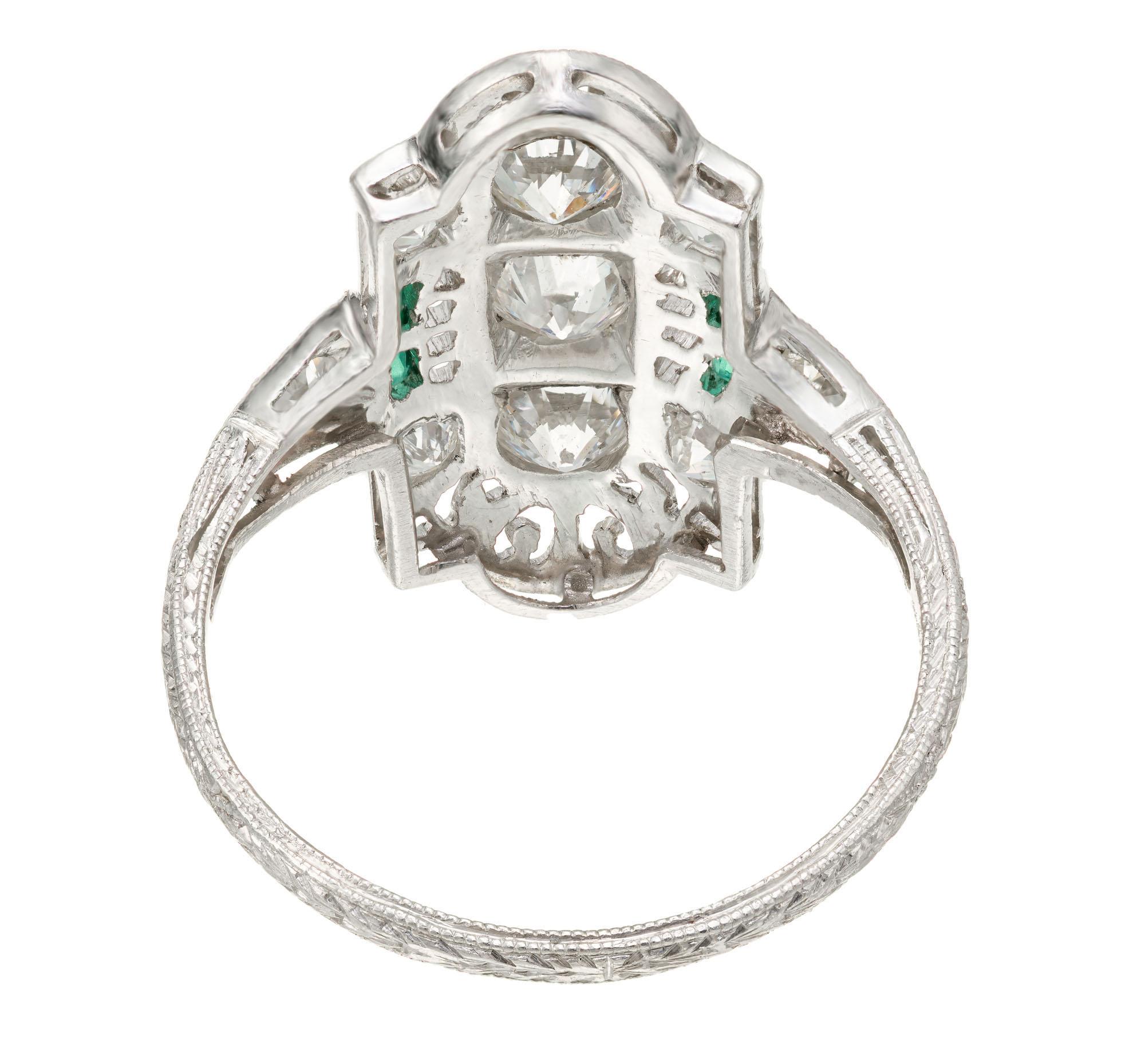 Emerald Diamond Pierced Engraved Art Deco Platinum Ring In Good Condition In Stamford, CT