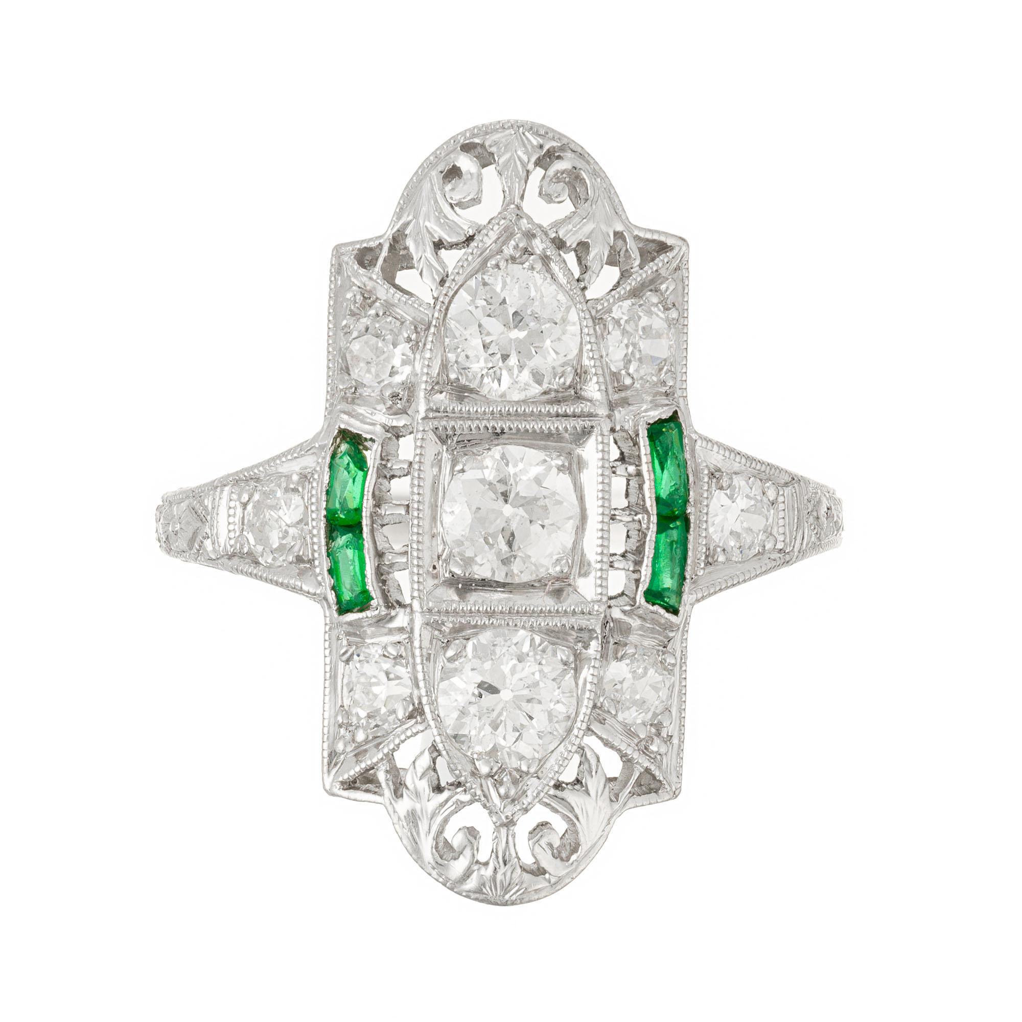 Emerald Diamond Pierced Engraved Art Deco Platinum Ring