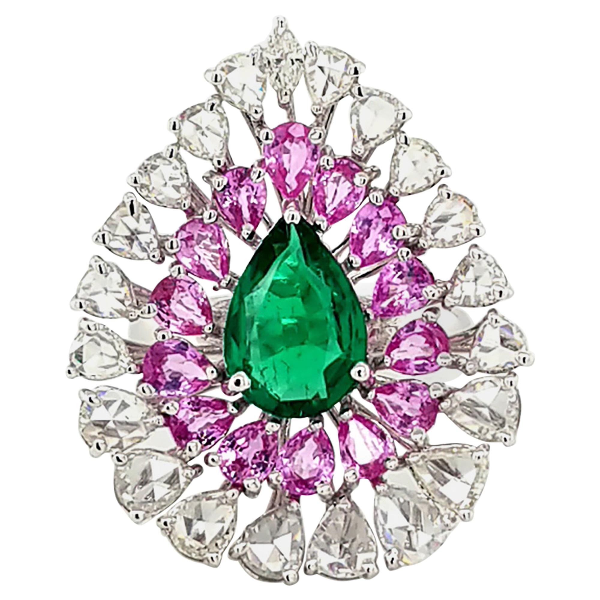 Emerald Diamond Pink Sapphire Ring in 18 Karat Gold