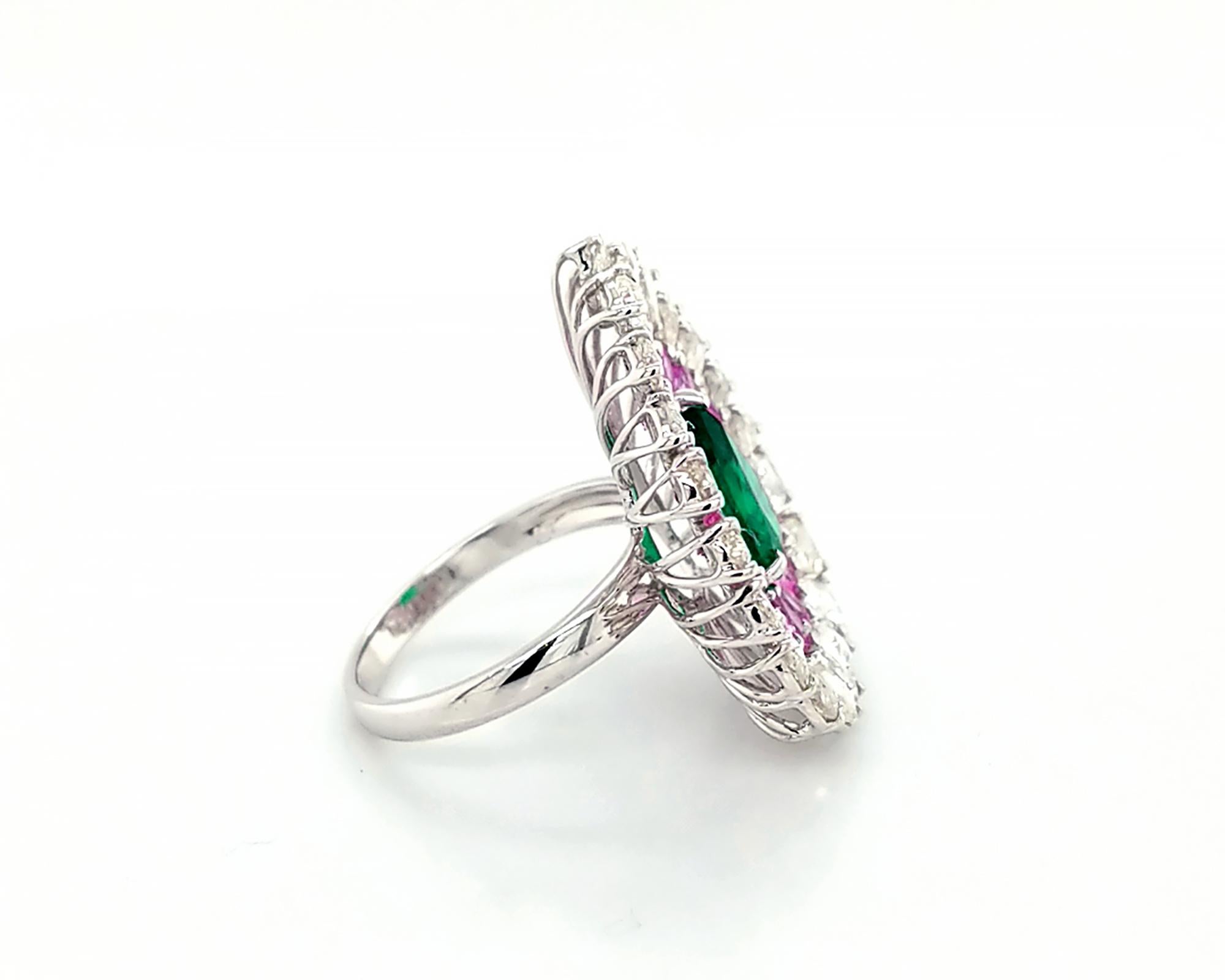 Pear Cut Emerald Diamond Pink Sapphire Ring in 18 Karat Gold